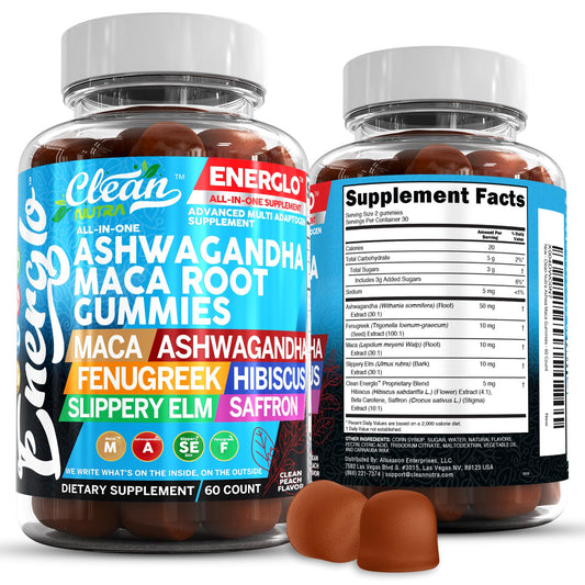 Ashwagandha Maca Root Gummies with Fenugreek Hibiscus Slippery Elm Saffron Extract & Beta Carotene | Peach Flavor Vegan Gummy Vitamins Adaptogen Cortisol Supplement Energlo by Clean Nutra - Medaid International