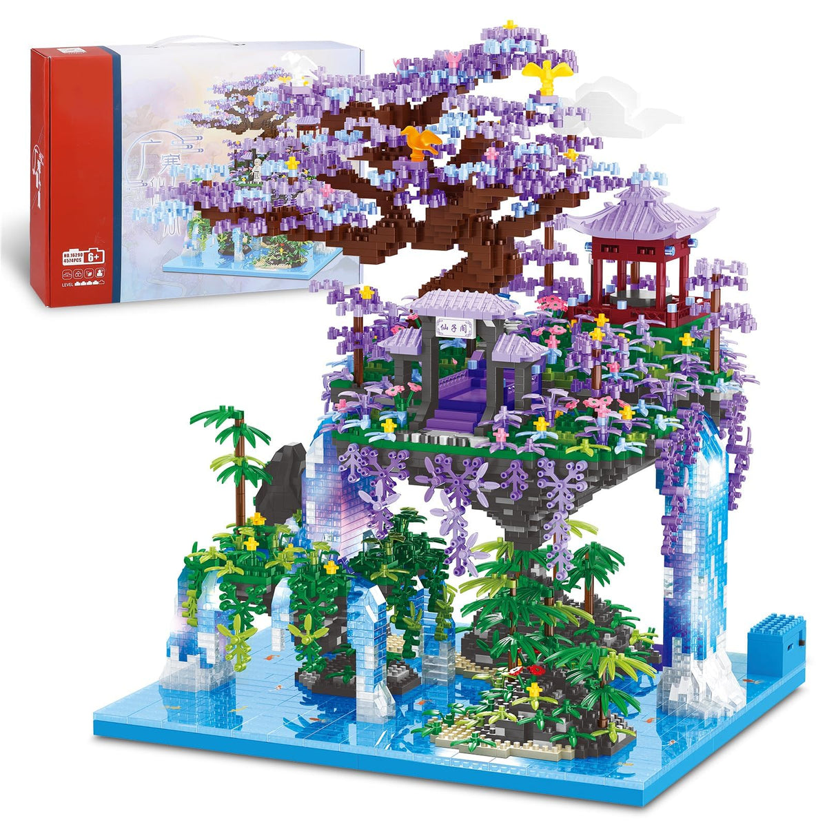 KASTWAVE Peach Blossom Pond Micro Mini Building Blocks Set, Chinese Architecture Cherry Bonsai Gift Toys with String Lights, Japanese Sakura Tree House Micro Bricks for Adults and 14+ Kids (3320 Pcs)