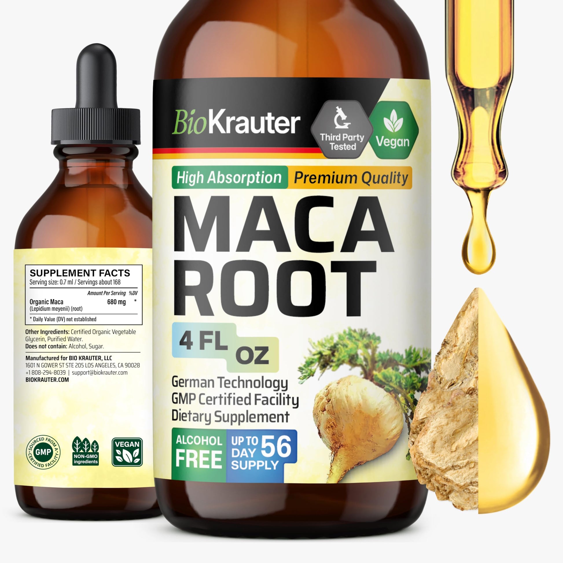 BIO KRAUTER Maca Root Liquid Drops - Maca Extract Tincture - Vegan, Sugar & Alcohol Free Extract 4 Fl.Oz. - Medaid International