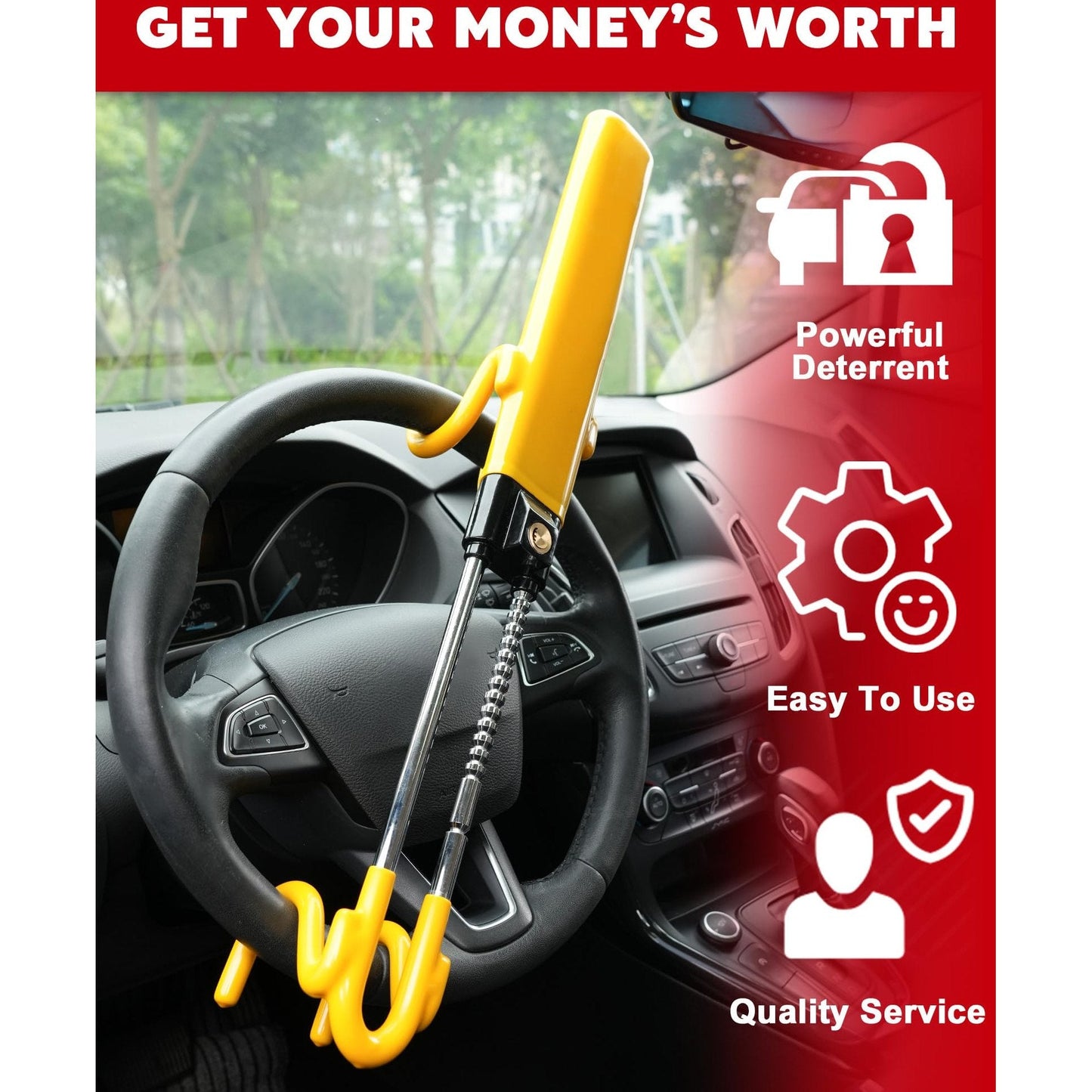 Tevlaphee Steering Wheel Lock - Heavy Duty Antitheft Device and Car Security Lock with Adjustable Locking and 3 Keys - Great Vehicle and Truck Deterrent (Yellow) - Medaid International