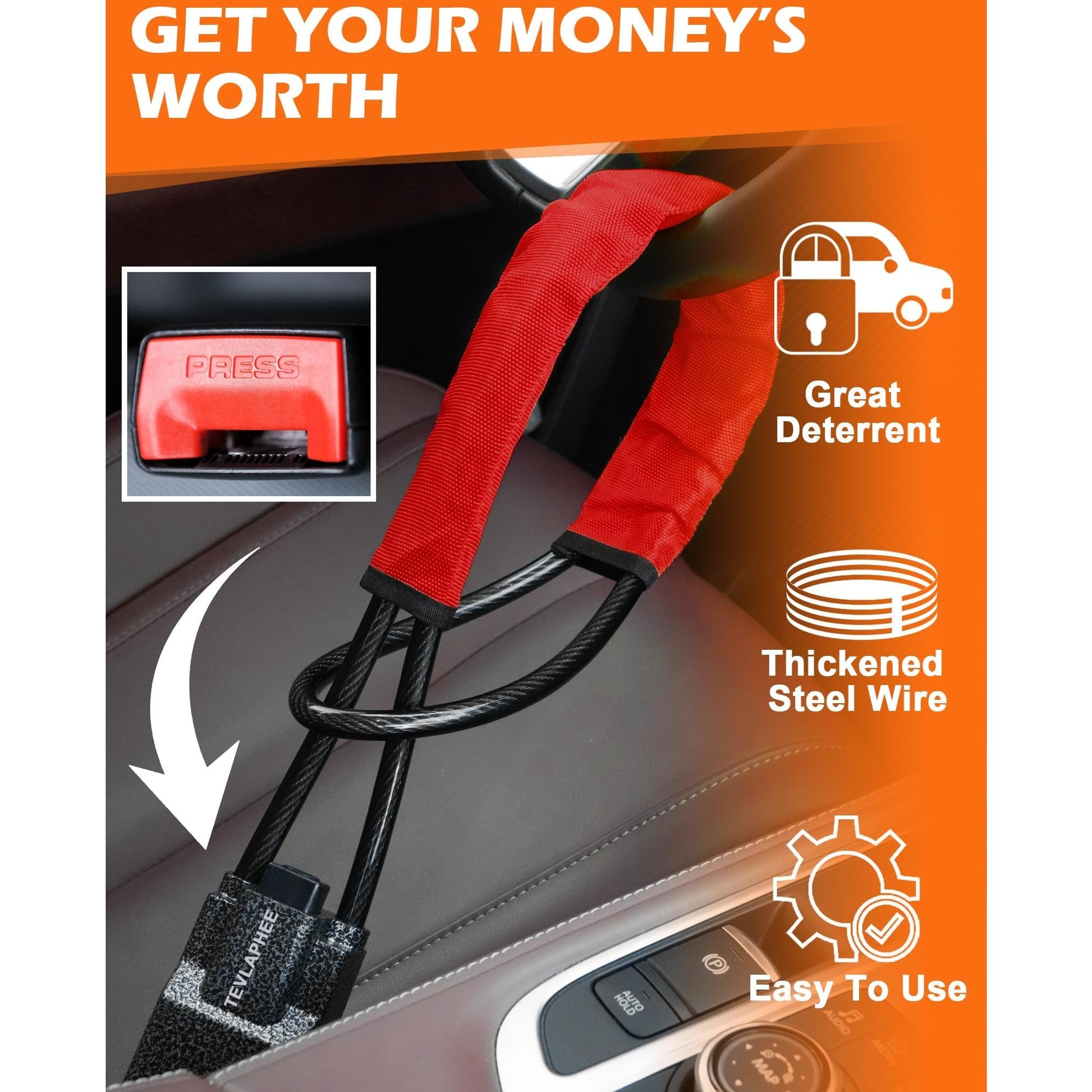 Tevlaphee Steering Wheel Lock Seat Belt Lock Universal Anti Theft Car Device Car Lock Car Theft Prevention with 3 Keys for Car Security Fit Most Vehicles Truck SUV Van (Red) - Medaid International