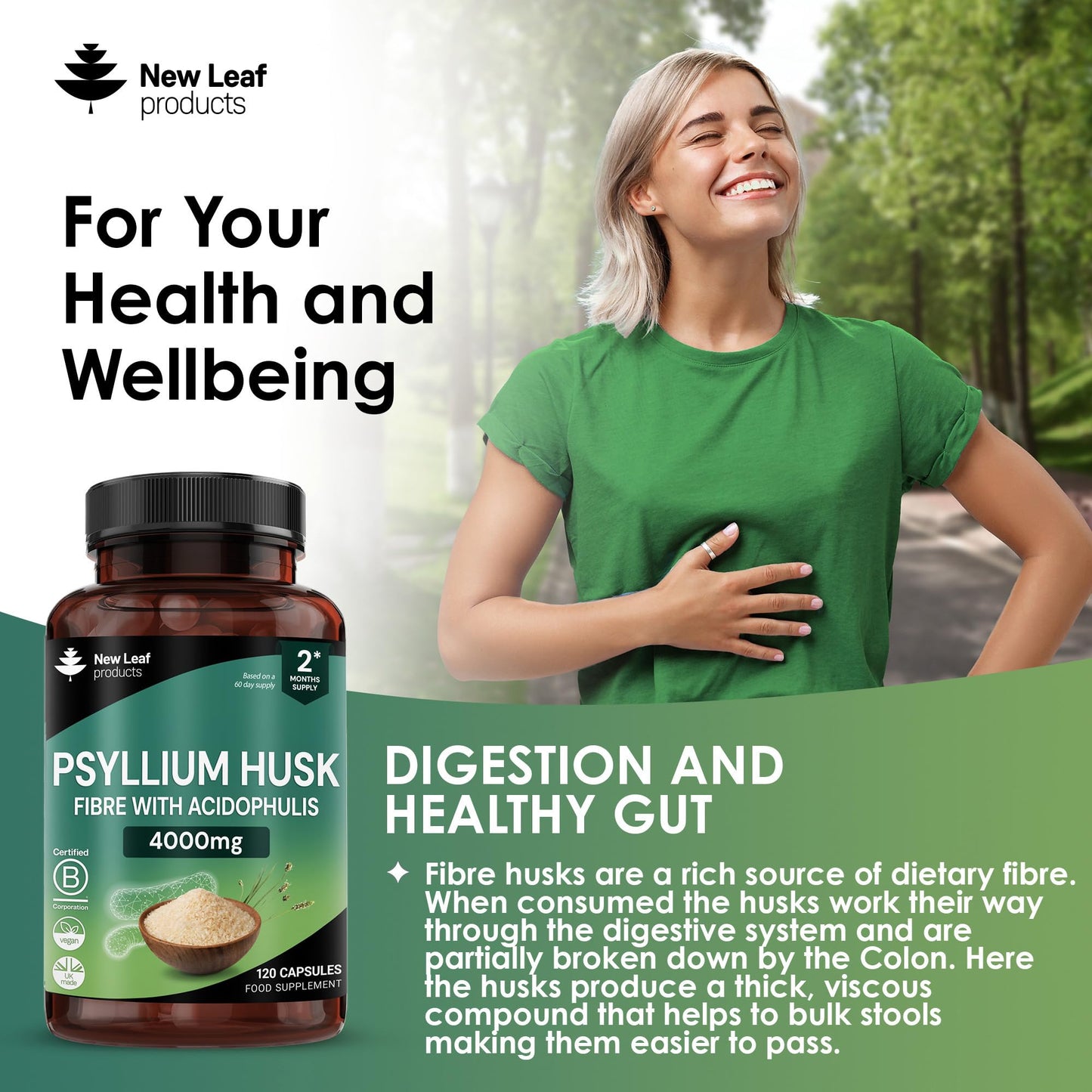 Psyllium Husk Capsules Enriched With Probiotics Fibre Supplement High Absorbency Strength Contributes Towards Gut And Digestive Health from Plantago Ovata Seeds, Ispaghula Husk, Gluten-Free Made in UK - Medaid International