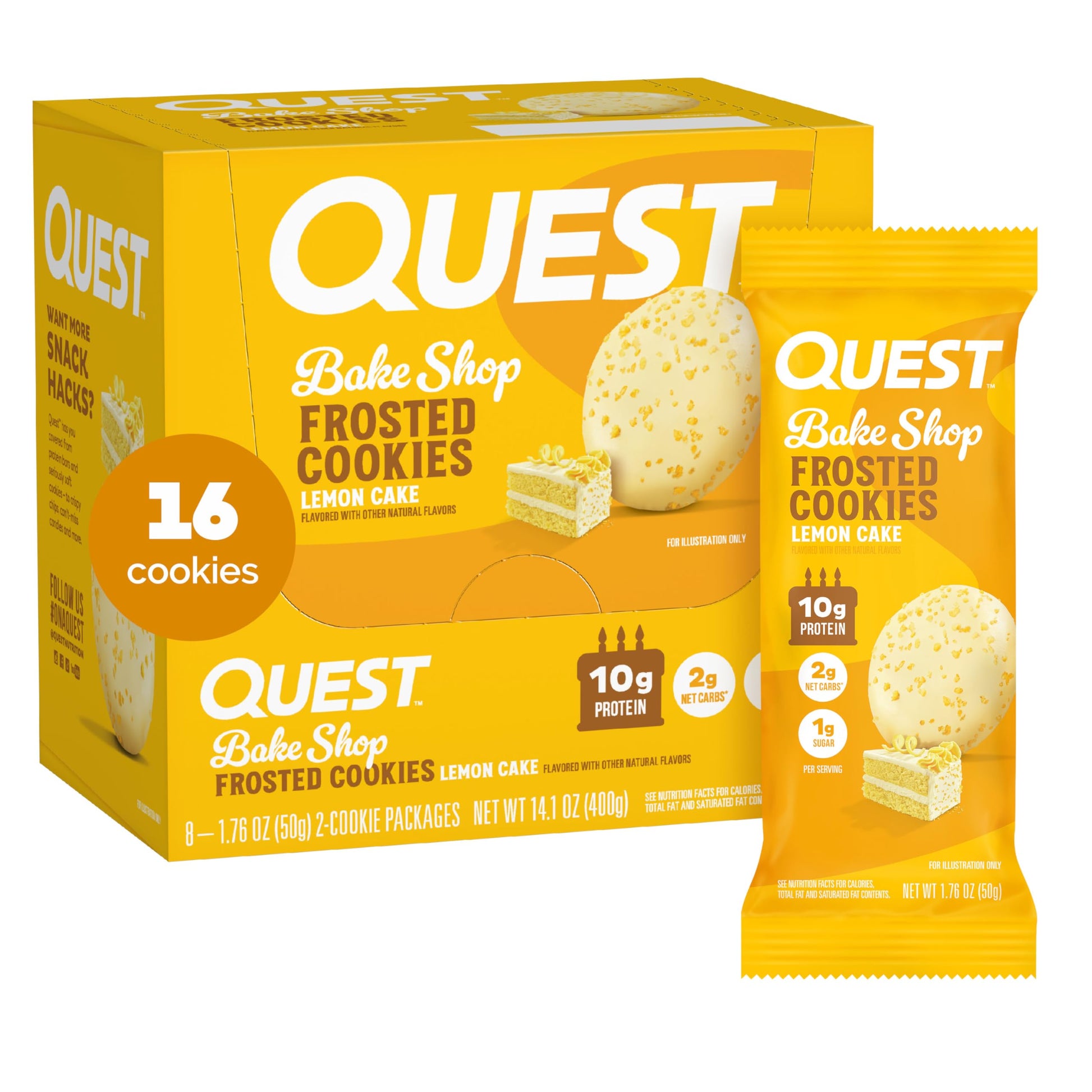 Quest Nutrition Frosted Protein Cookies Twin Pack, Lemon Cake, 1g Sugar, 10g Protein, 1g Net Carbs, Gluten Free, 16 Cookies - Medaid International