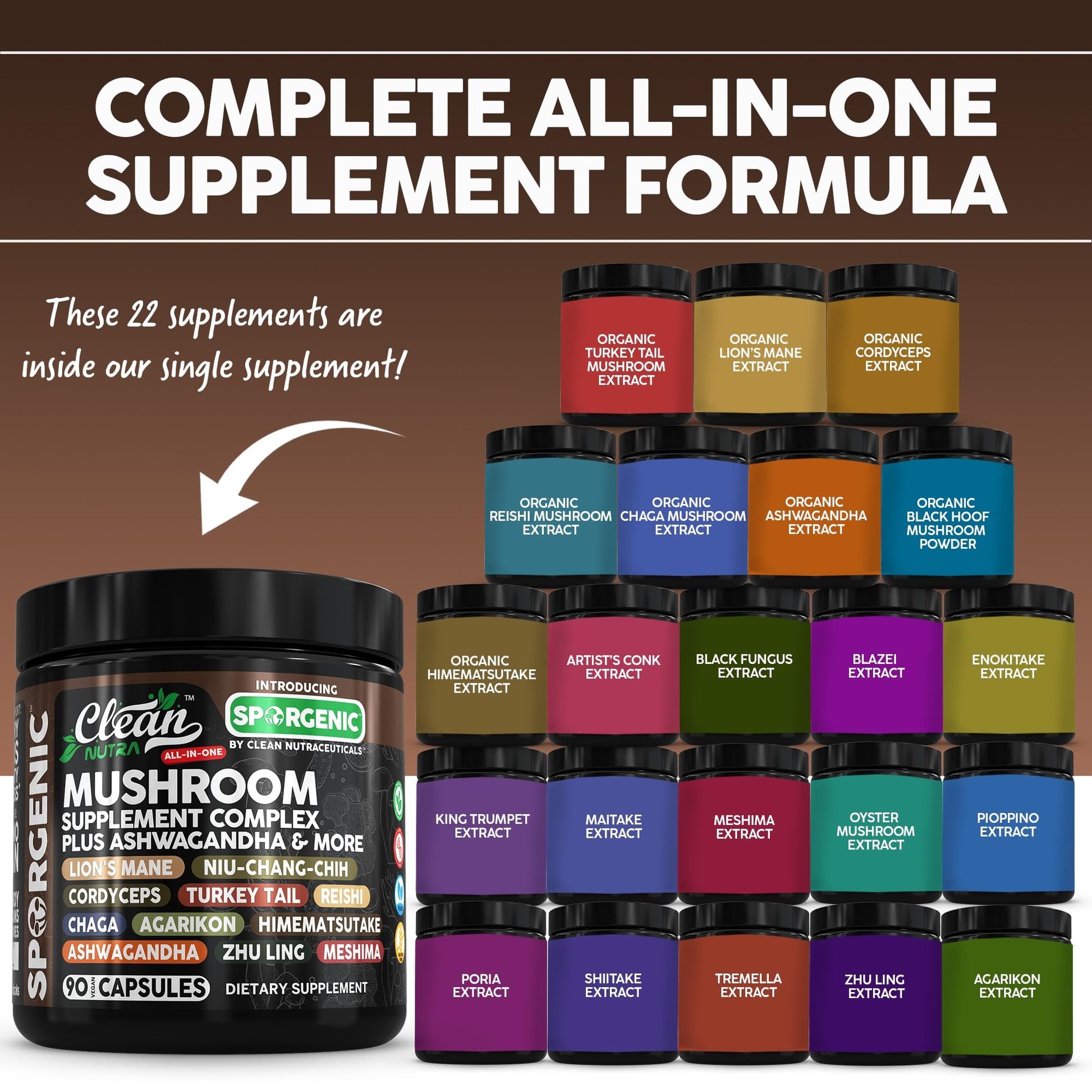 Organic Mushroom Supplement | Ashwagandha Lions Mane Cordyceps Turkey Tail Reishi Mushrooms Maca Root Black Hoof Chaga Tremella Agarikon Shiitake Oyster Powder Capsules Sporgenic by Clean Nutra (1) - Medaid International