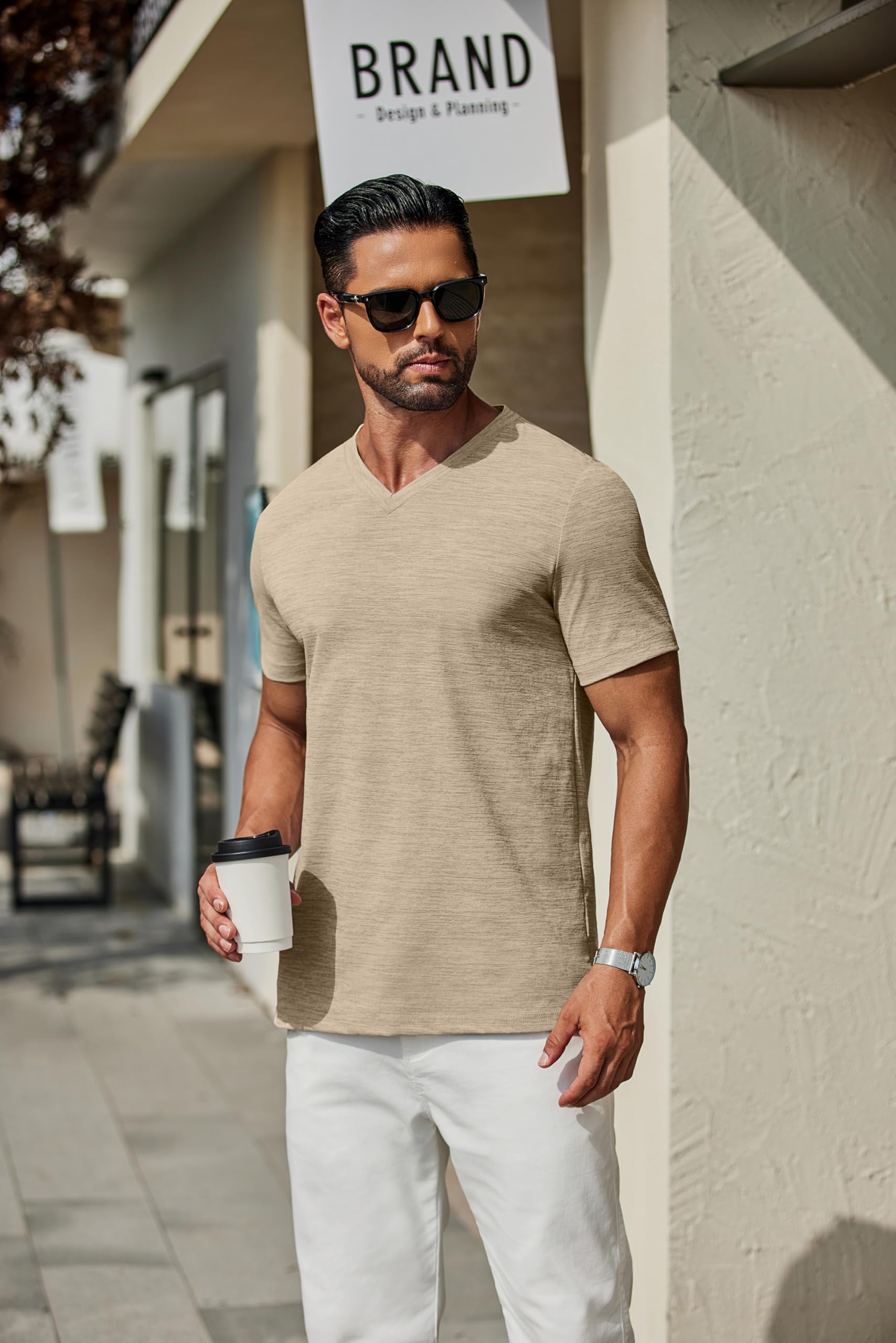 COOFANDY Men's T Shirts Short Sleeve Classic V Neck T-Shirt Casual Summer Basic Tee Shirt Khaki - Medaid International