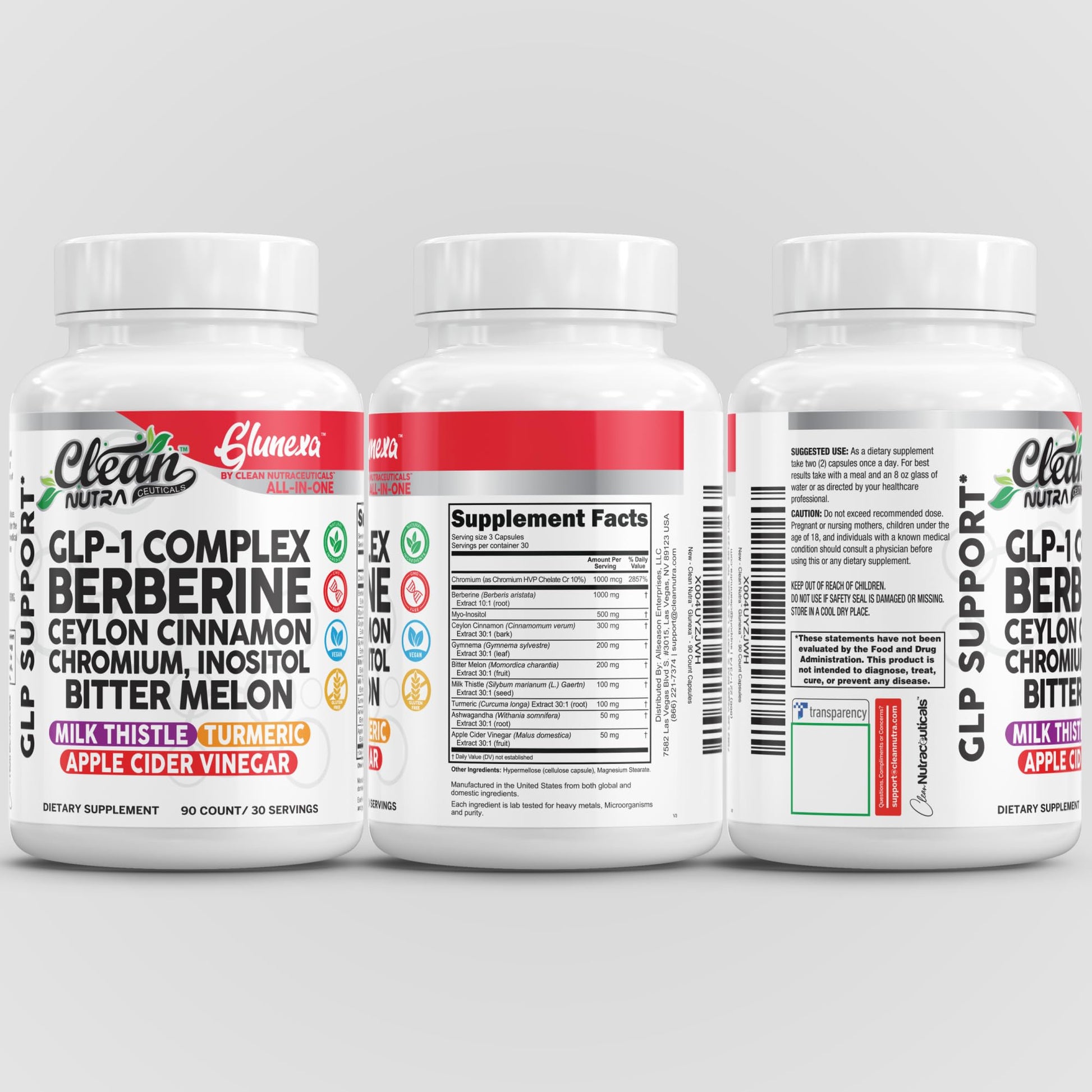 Clean Nutra Glunexa GLP-1 Complex with Berberine, Ceylon Cinnamon, Chromium, Inositol, and Bitter Melon | Premium Herbal and Mineral Blend | 90 Count Capsules - Medaid International