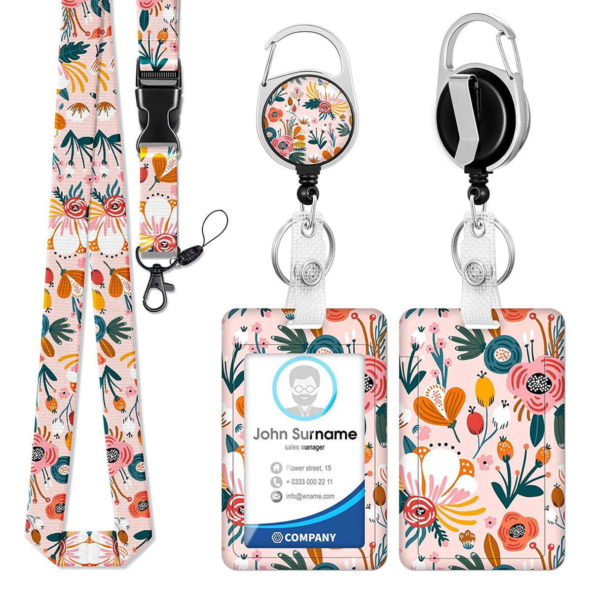 KASTWAVE Retractable Badge Holder with Lanyard, ID Card Holder Badge Reel Carabiner Clip with Lanyards Detachable Name Tag for Office, Teachers, Students, Nurses (Pink Flower)
