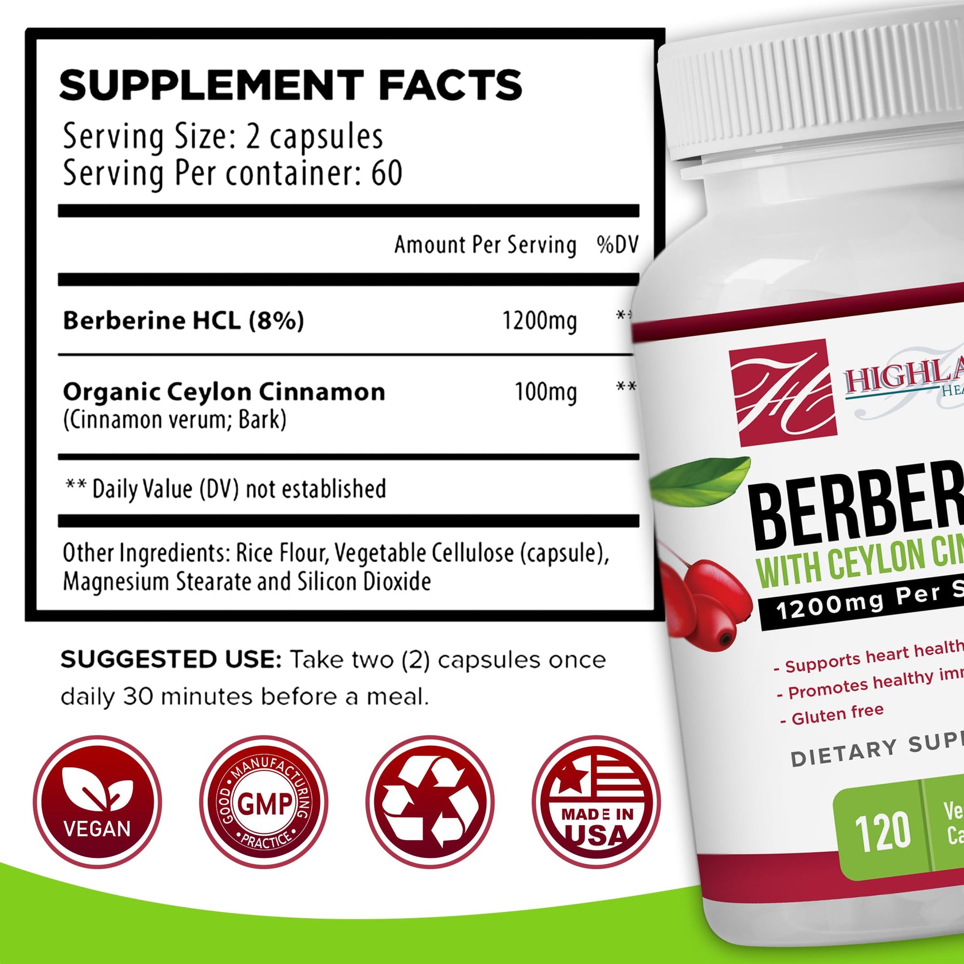 Highland Health Foods Berberine with Ceylon Cinnamon 1200 mg - Berberine HCL and Cinnamon for Blood Sugar and Metabolic Support - Non-GMO - Natural Support for Healthy Lifestyle - 120 Veg Capsules - Medaid International
