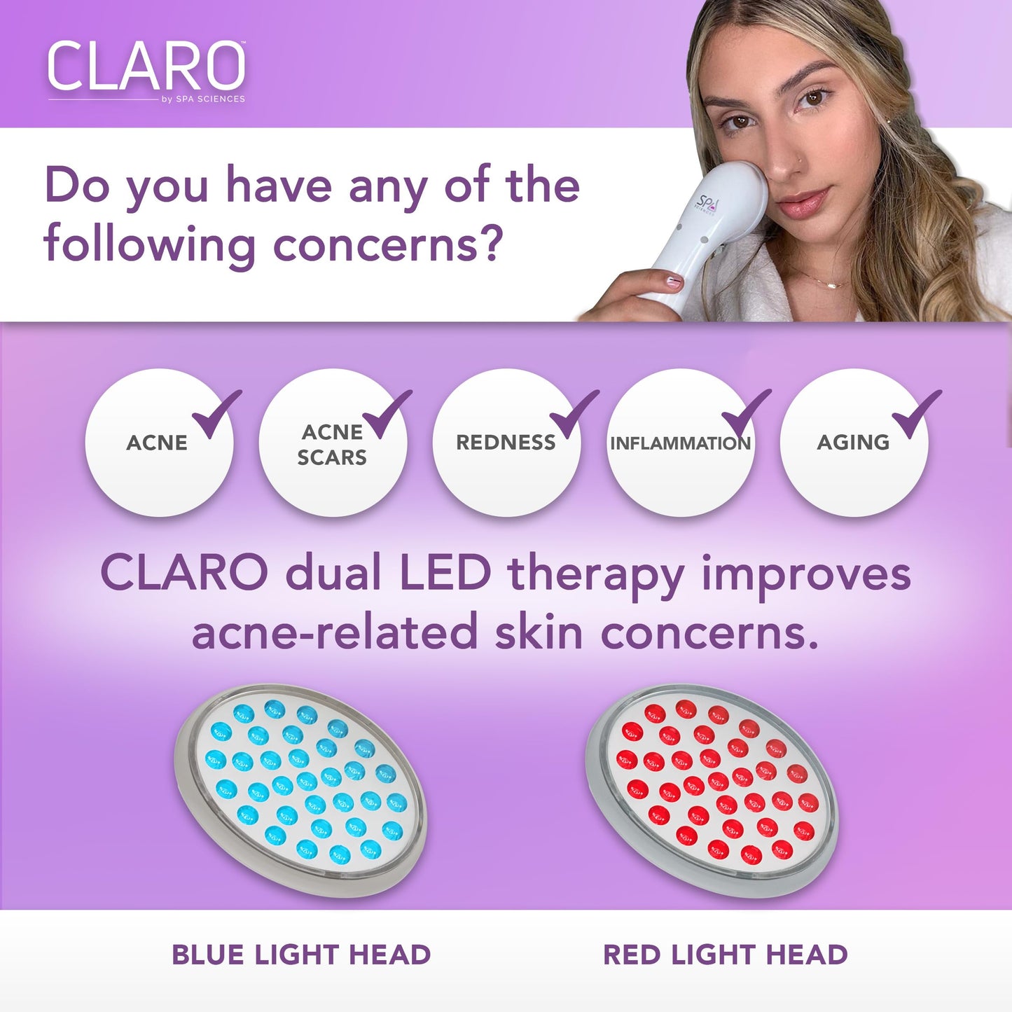 Spa Sciences CLARO Clinically Proven Blue & Red LED Acne Treatment Light Therapy System-FDA Cleared-Rechargeable- Professional Home Acne Healing/Clearing Treatment - Medaid International