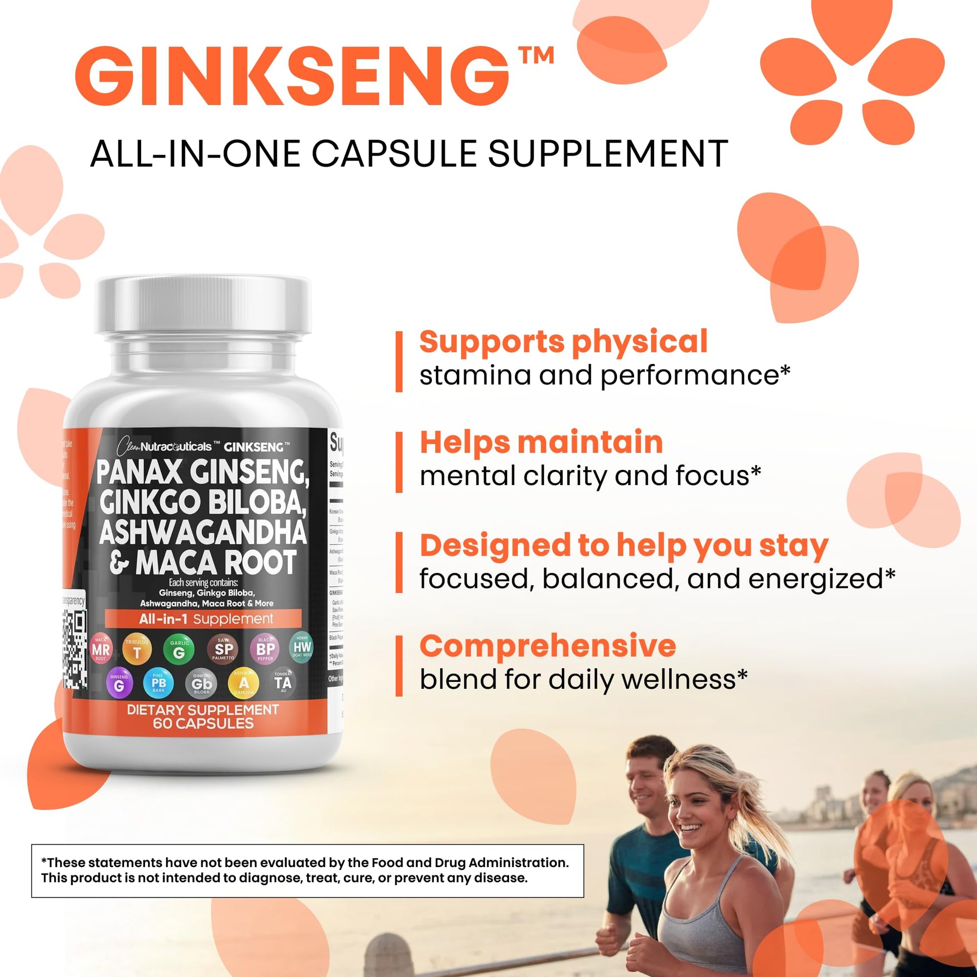 Clean Nutraceuticals Panax Ginseng Ginkgo Biloba Ashwagandha Maca Root - Focus Supplement Pills for Women and Men with Pine Bark Extract, Garlic, and Saw Palmetto - 60 Caps - Medaid International