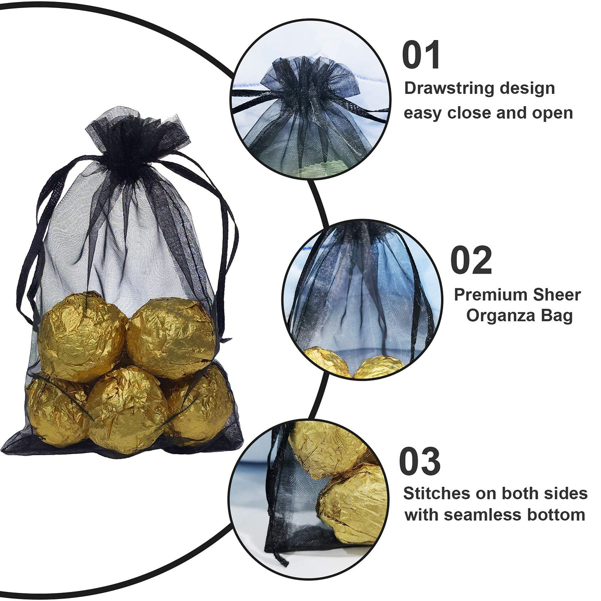 KASTWAVE 50Pcs Organza Gift Bags Jewellery Pouches, 10x15cm Black Mesh Candy Favour Bag for Wedding Party Favors Festival Game Drawstring Pouch