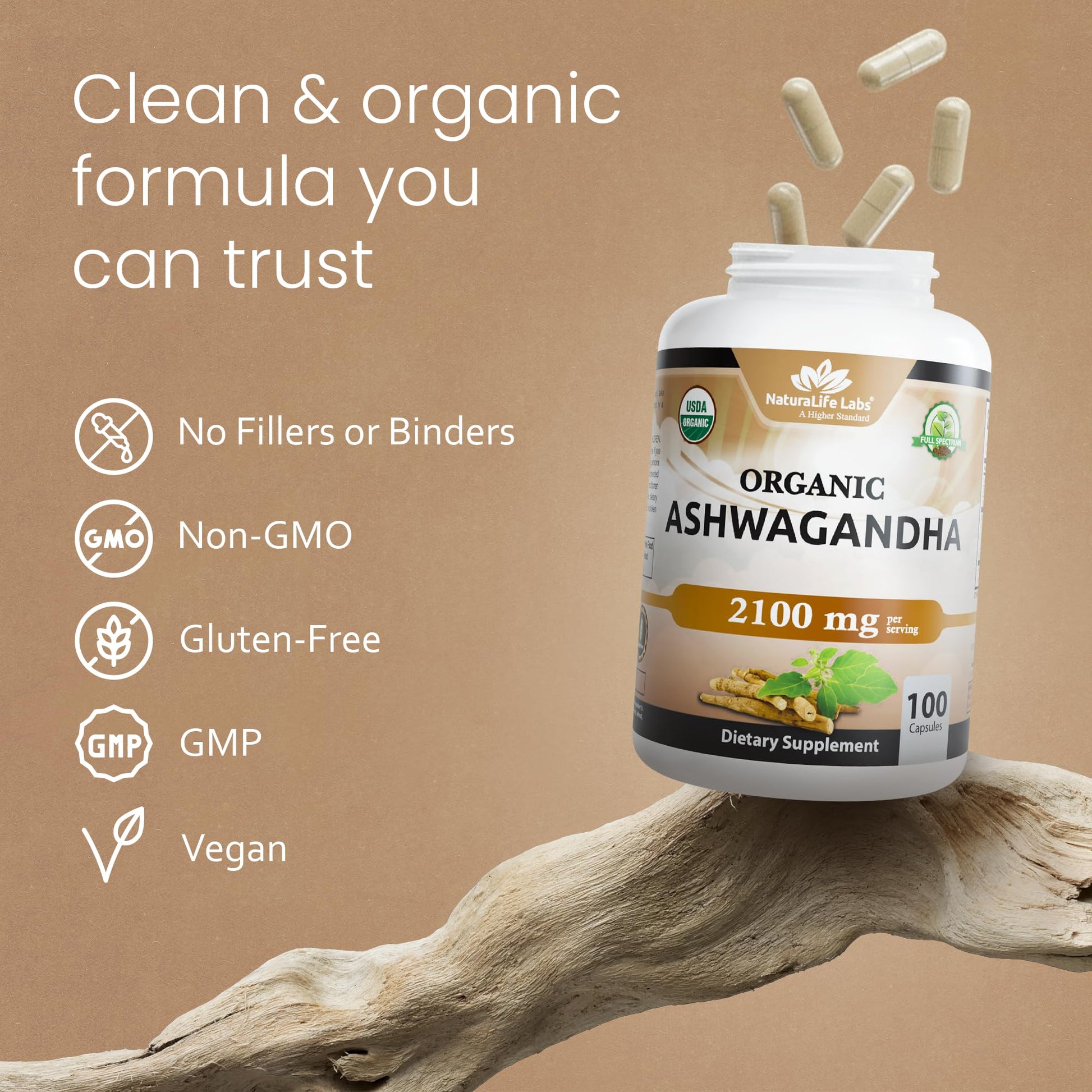 NaturaLife Labs Organic Ashwagandha 2100 mg per Serving – Root Powder & Extract – 100 Capsules – Vegan, Non-GMO, Gluten-Free - Medaid International