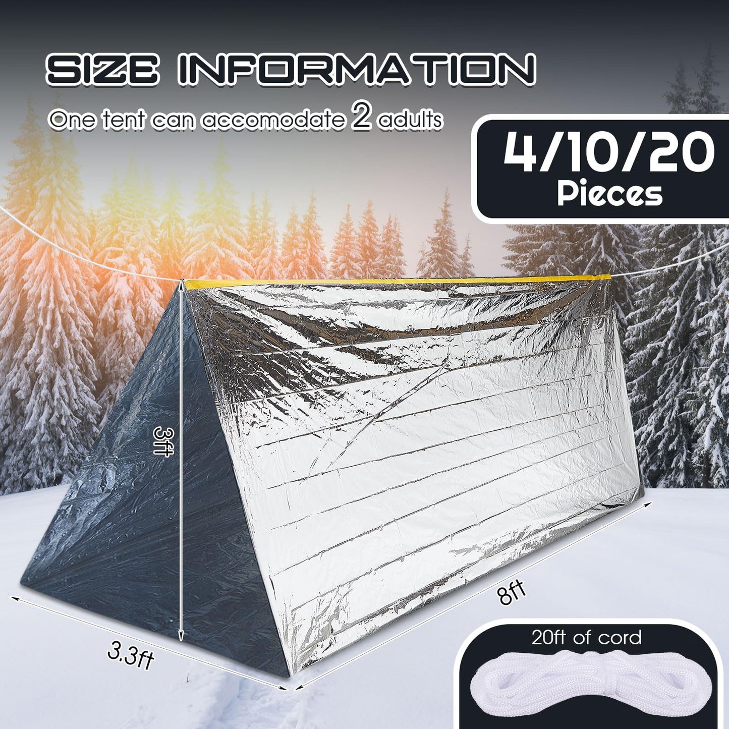 Woanger 4/10/20 Pcs Emergency Tent for Homeless Survival Tents Bulk 2 Person Tube Camping Tents 8 ft x 3 ft Shelter Survival Tent Portable Shelter for Hiking Backpacking Camping Outdoor(Silver,10 Pcs)