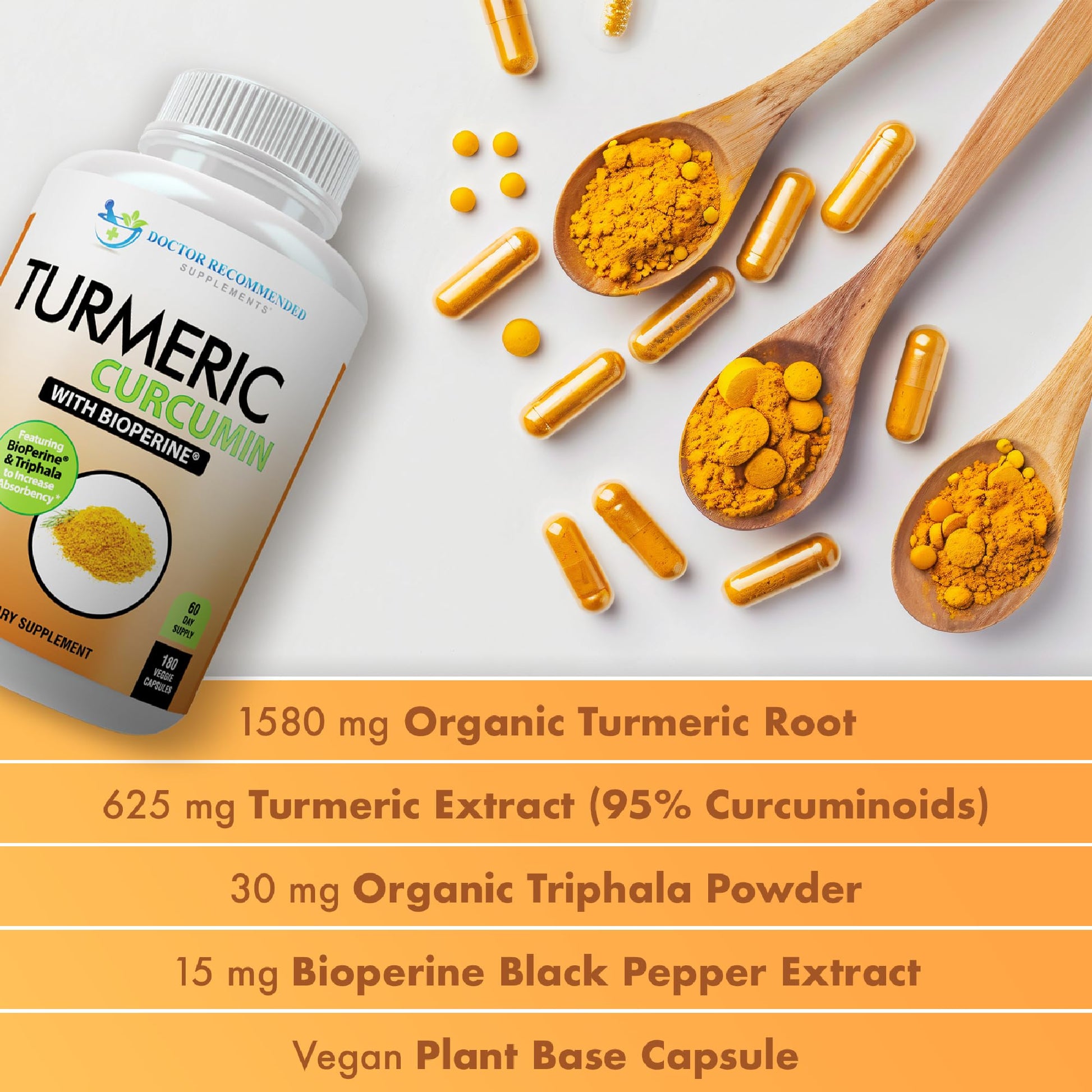 Turmeric Curcumin Supplement - 2250mg/d - Veggie Caps - 95% Curcuminoids with Black Pepper Extract (Bioperine) - 750mg Capsules - 100% Organic - Most Powerful Turmeric (180 Count) - Medaid International