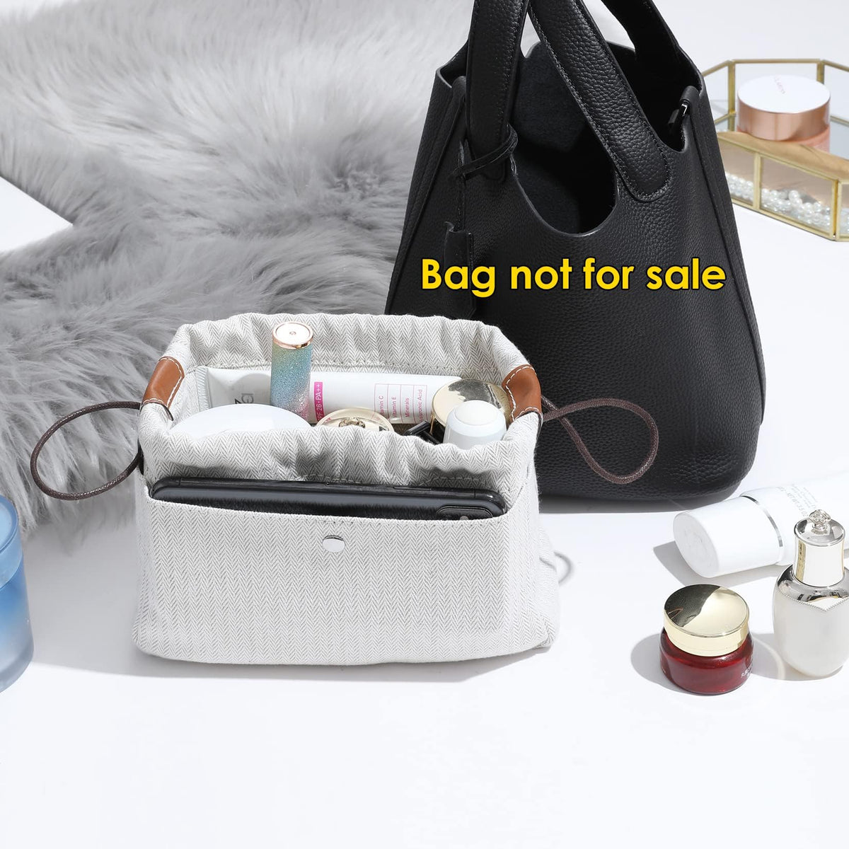 KASTWAVE Purse Organizers, Natural Cotton Herringbone Canvas Picotin 18,22 Handbag, Bag Shaper Insert Fit H Piction18, Silk,Luxury Handbag Tote in Bag Shapers, 6 Pockets (Light gray, Small)