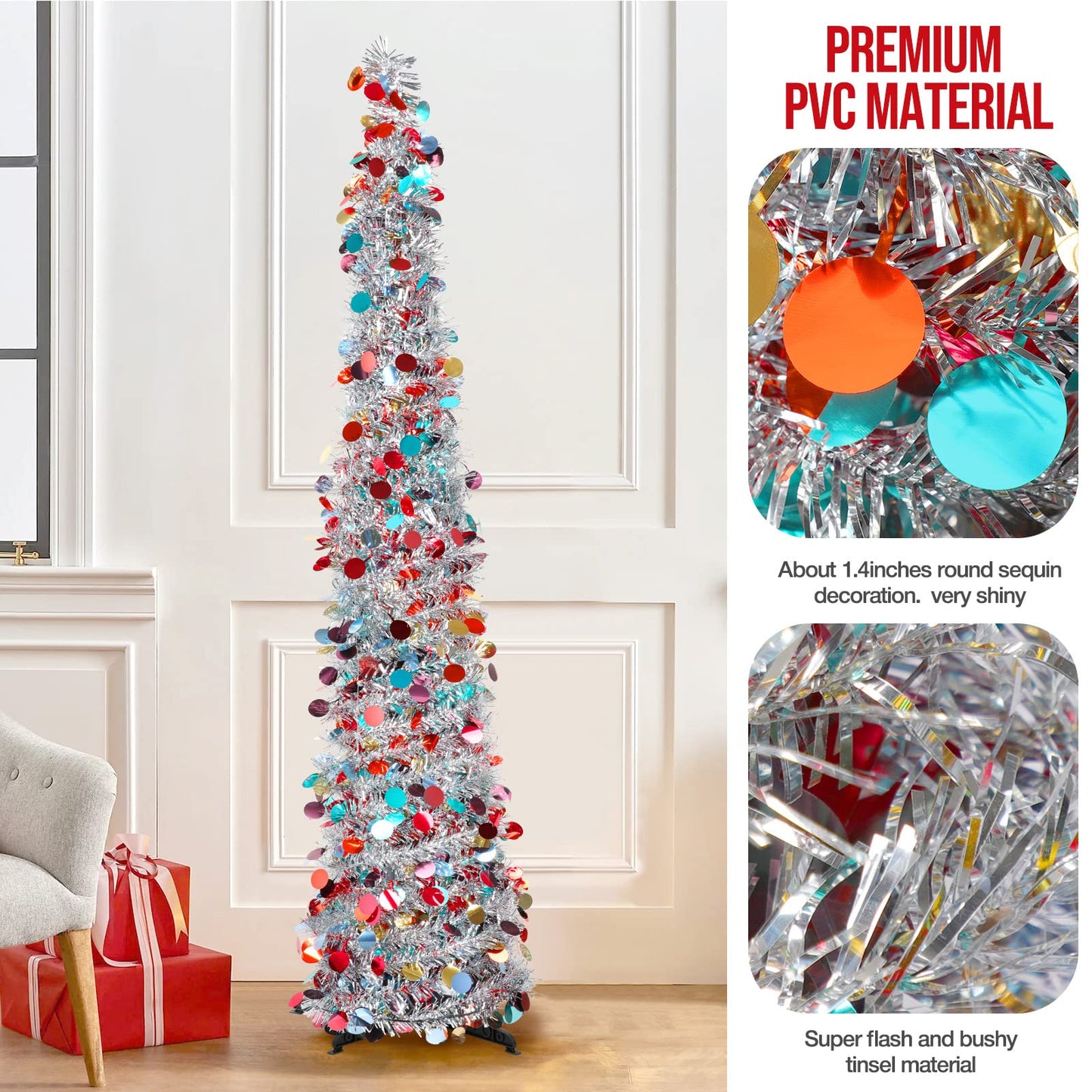 Christmas Tree, 5Ft Artificial Christmas Tree Decorations Pencil Xmas Tree for Home Party Office Fireplace Holiday Decorations Valentines Day Decoration Gifts for Mom(Silver) - Medaid International