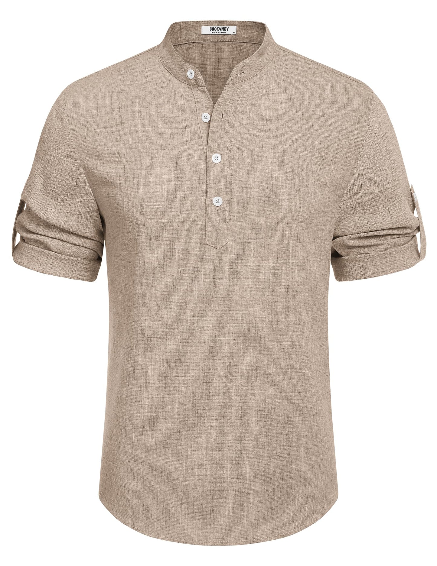 COOFANDY Men's Cotton Linen Henley Shirt Short Sleeve Hippie Casual Band Collar Summer Beach T-Shirts Khaki - Medaid International