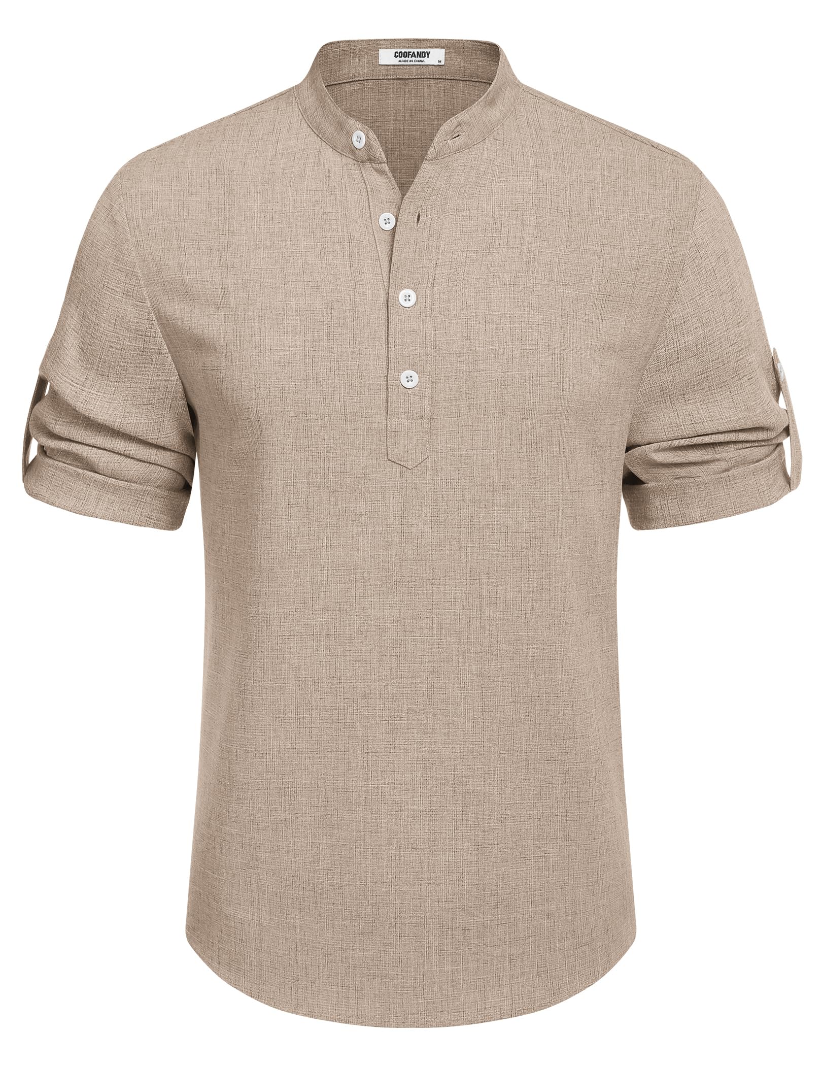 COOFANDY Men's Cotton Linen Henley Shirt Short Sleeve Hippie Casual Band Collar Summer Beach T-Shirts Khaki - Medaid International