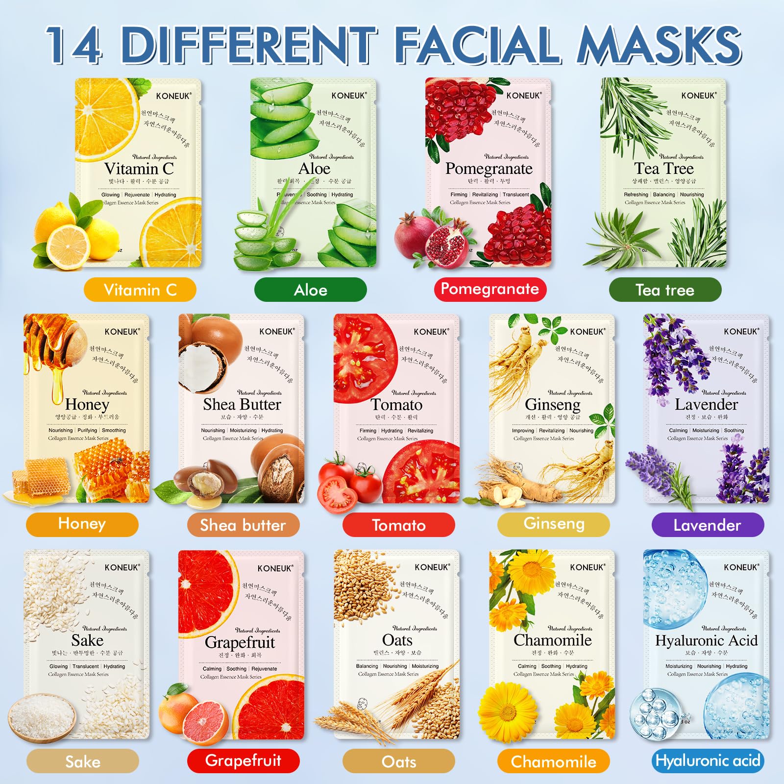 KONEUK 14 Pack Sheet Face Masks Skincare, Hydrating Face Masks Suitable for Dry Skin, Bulk Facial Mask Set for Women Skin Care, Face Mask Gifts Set for Face Spa - Medaid International
