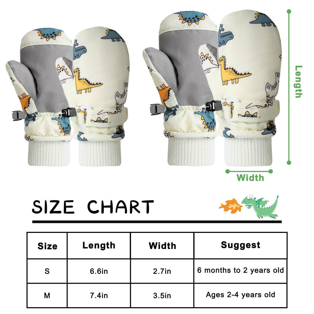 TERRIFI Kids Ski Gloves, Toddle Thermal Snow Waterproof Gloves, Dinosaur Pattern With Plush Lining Winter Ski Mittens for Toddlers Boys Kids Baby Outdoor Skiing Snowboarding, M Size