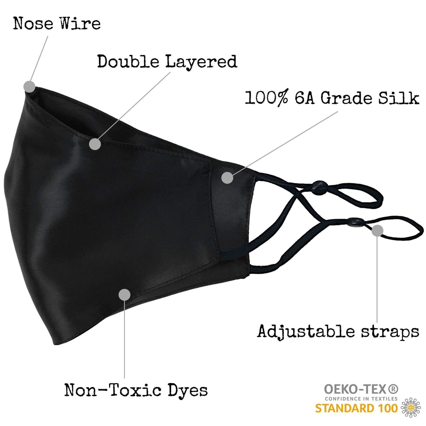 Celestial Silk Pure Silk Face Mask with Nose Wire - Reusable Pure Mulberry 22 Momme Silk Face Covering with Ear Loops, Adjustable & Washable (Black) - Medaid International