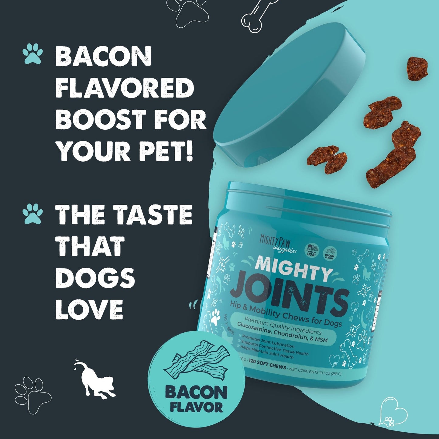 Mighty Paw Waggables Joint Support Supplement for Dogs (Made in USA) | Glucosamine for Dogs Hip and Joint Supplement. Vet Formulated Pet Mobility, Chondriotin & MSM Pet Chews (120 Ct)