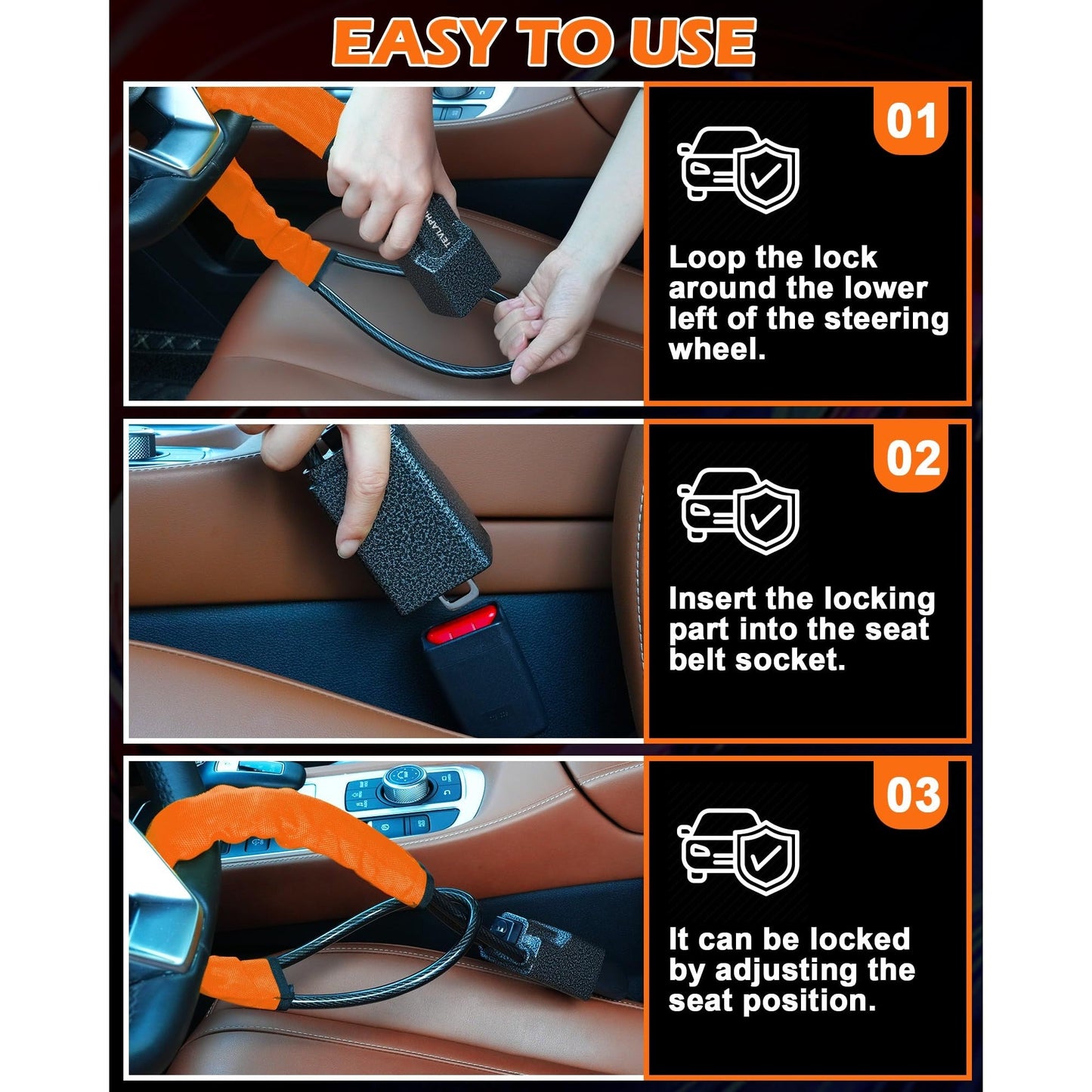 Tevlaphee Steering Wheel Lock Seat Belt Lock Universal Anti Theft Car Device Car Lock Car Theft Prevention with 3 Keys for Car Security Fit Most Vehicles Truck SUV Van (Orange) - Medaid International