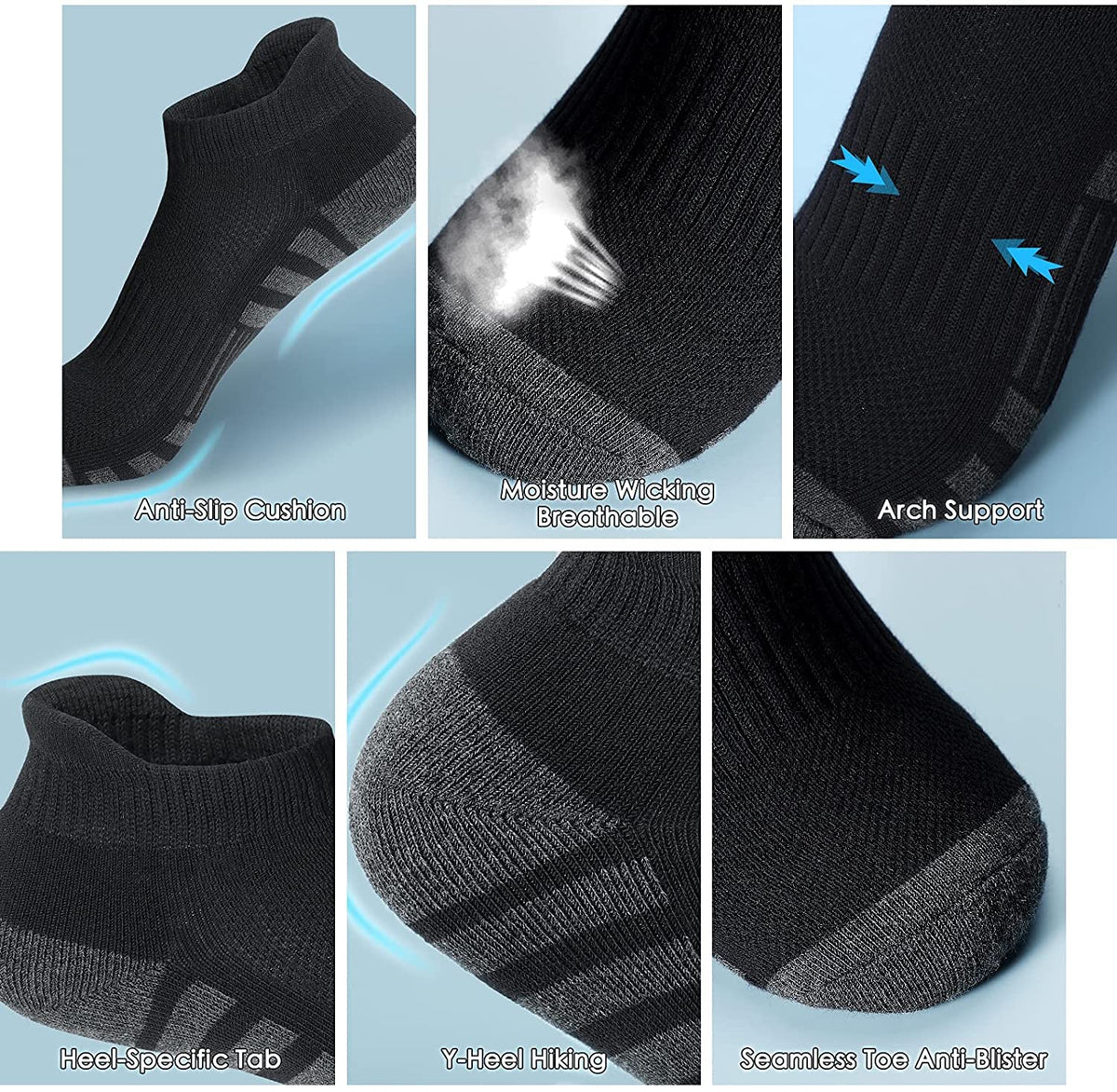 KASTWAVE Athletic Running Socks, Ankle Socks Low Cut Athletic Cushioned Running Tab Socks 6 Pack, Cushioned Breathable Low Cut Sports Tab Socks for Men and Women