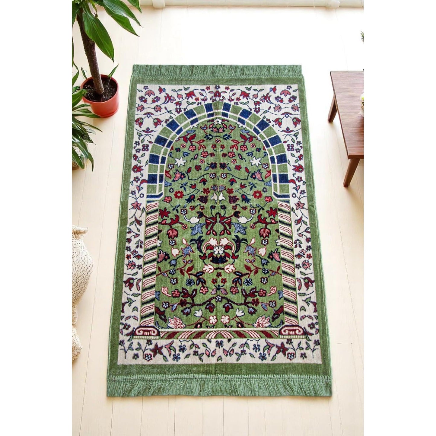 ihvan online, Velvet Muslim Prayer Rug, Thick Janamaz, Sajadah, Soft Islamic Prayer Rug, Islamic Gifts Prayer Carpet Mat, Elegant Design, Rawdah Green - Medaid International