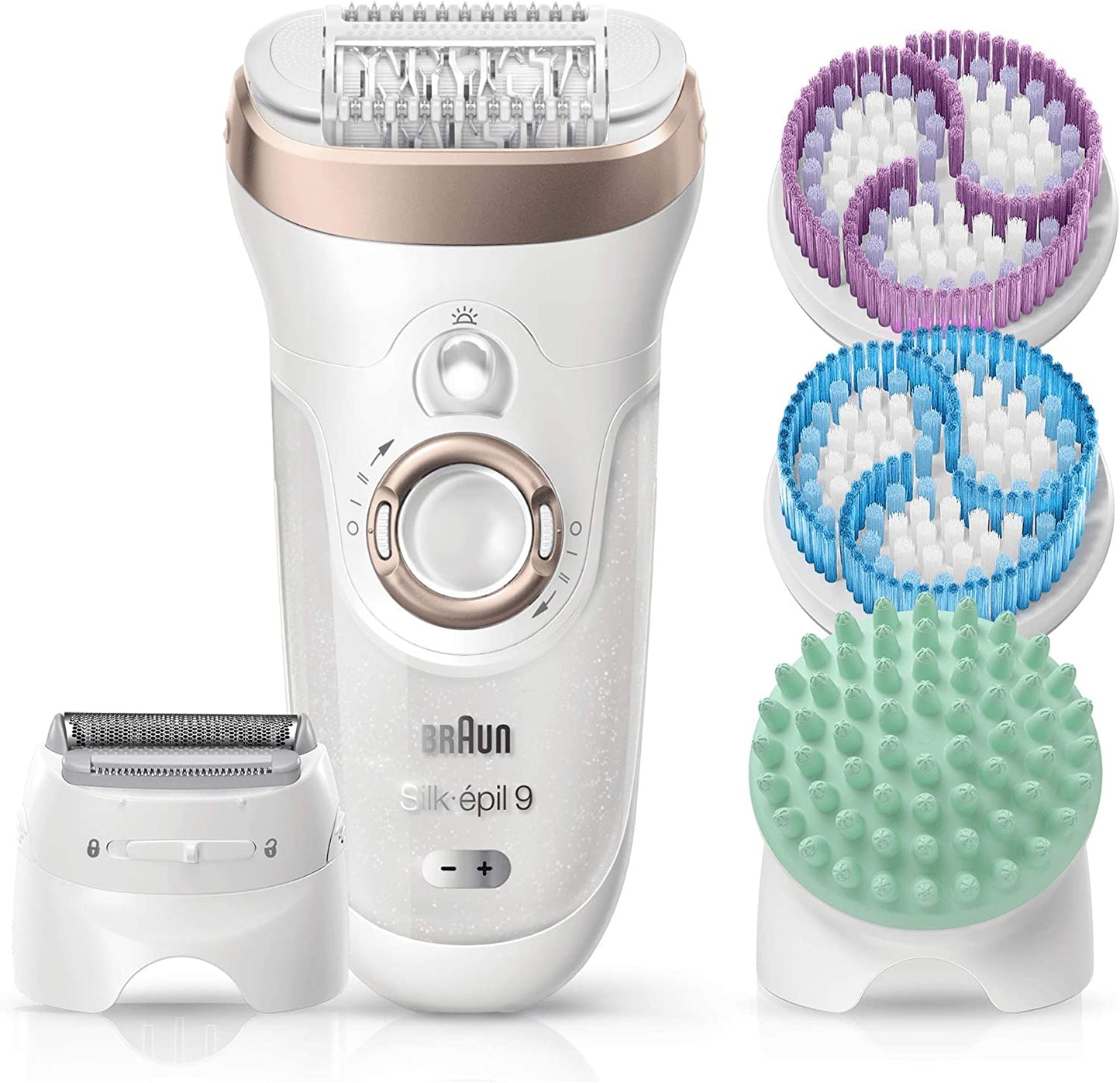 Silk-épil 9 SkinSpa (9-961V) Wet & Dry epilator with 12 extras including 3 exfoliation brushes.