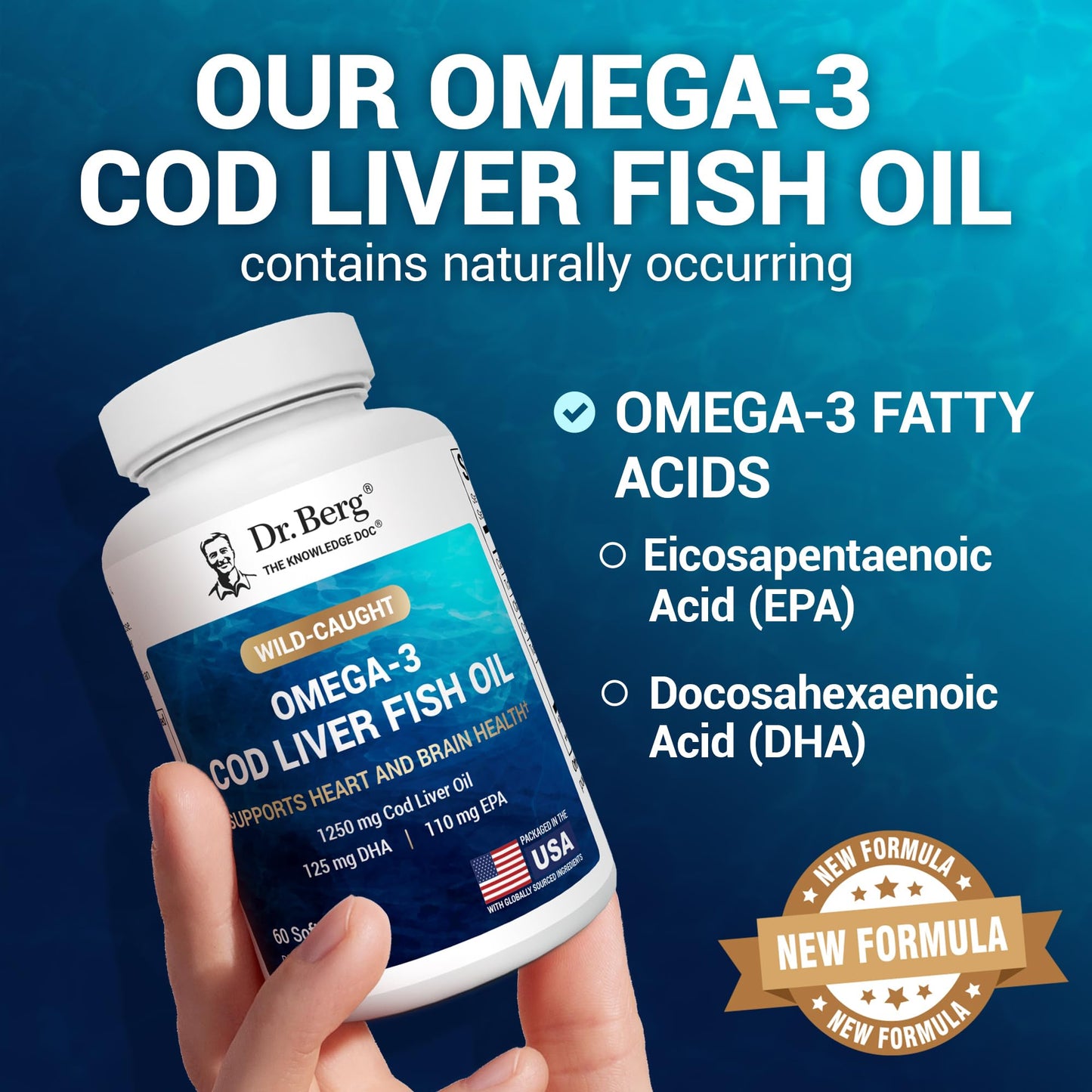 Dr. Berg Maximum Strength Omega-3 Cod Liver Fish Oil (1250 mg) from Wild-Caught Cod - Lemon-Flavored Omega-3 Fish Oil for Women & Men - EPA DHA Supplement – 60 Softgels - Medaid International