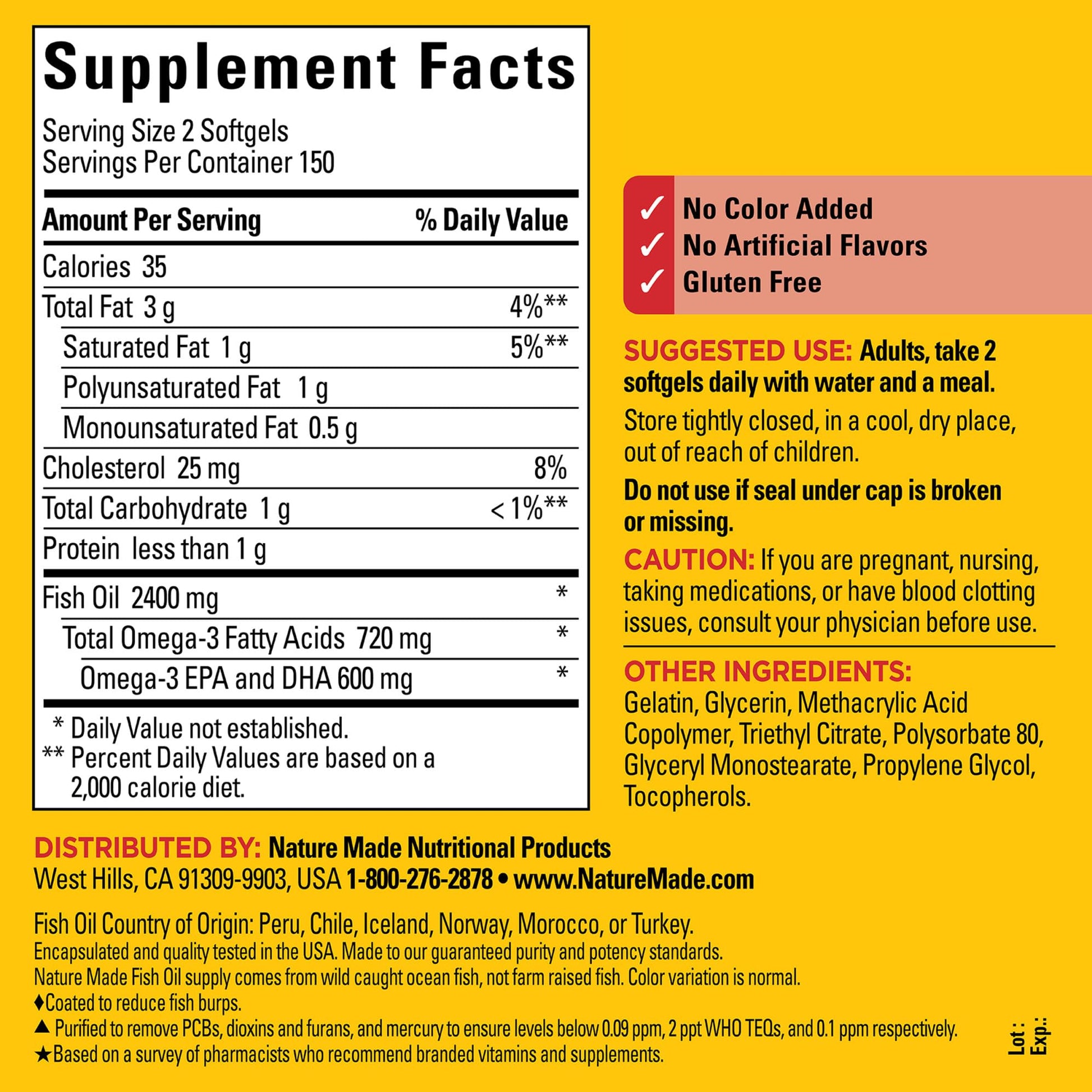 Nature Made Burp Less Fish Oil Omega 3 Supplements, 1200 mg Softgels, Omega 3 Fish Oil for Healthy Heart Support, 300 Softgels, 150 Day Supply - Medaid International