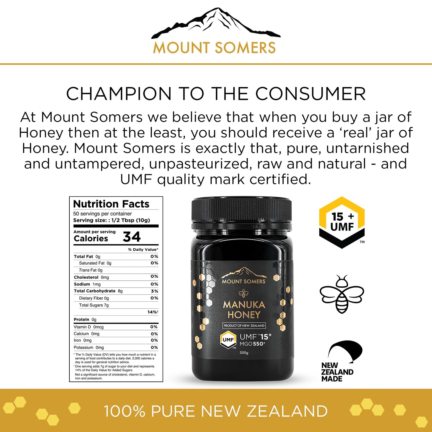 Mount Somers Premium Manuka Honey MGO 514+ / UMF 15+ 100% Pure New Zealand Manuka Honey - Genuine Natural Superfood - UMF Certified & Traceable 1.1lb Jar - Medaid International
