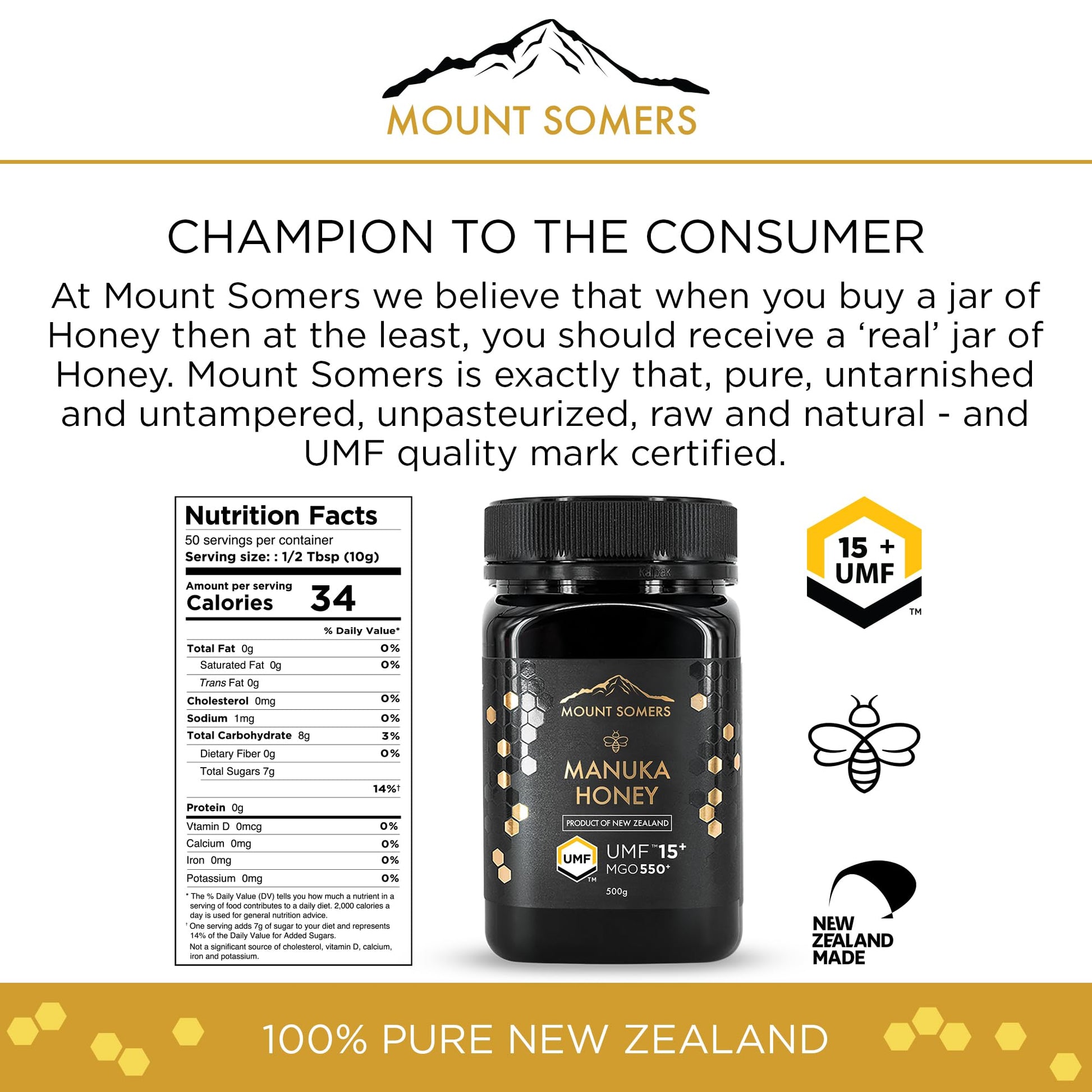 Mount Somers Premium Manuka Honey MGO 514+ / UMF 15+ 100% Pure New Zealand Manuka Honey - Genuine Natural Superfood - UMF Certified & Traceable 1.1lb Jar - Medaid International