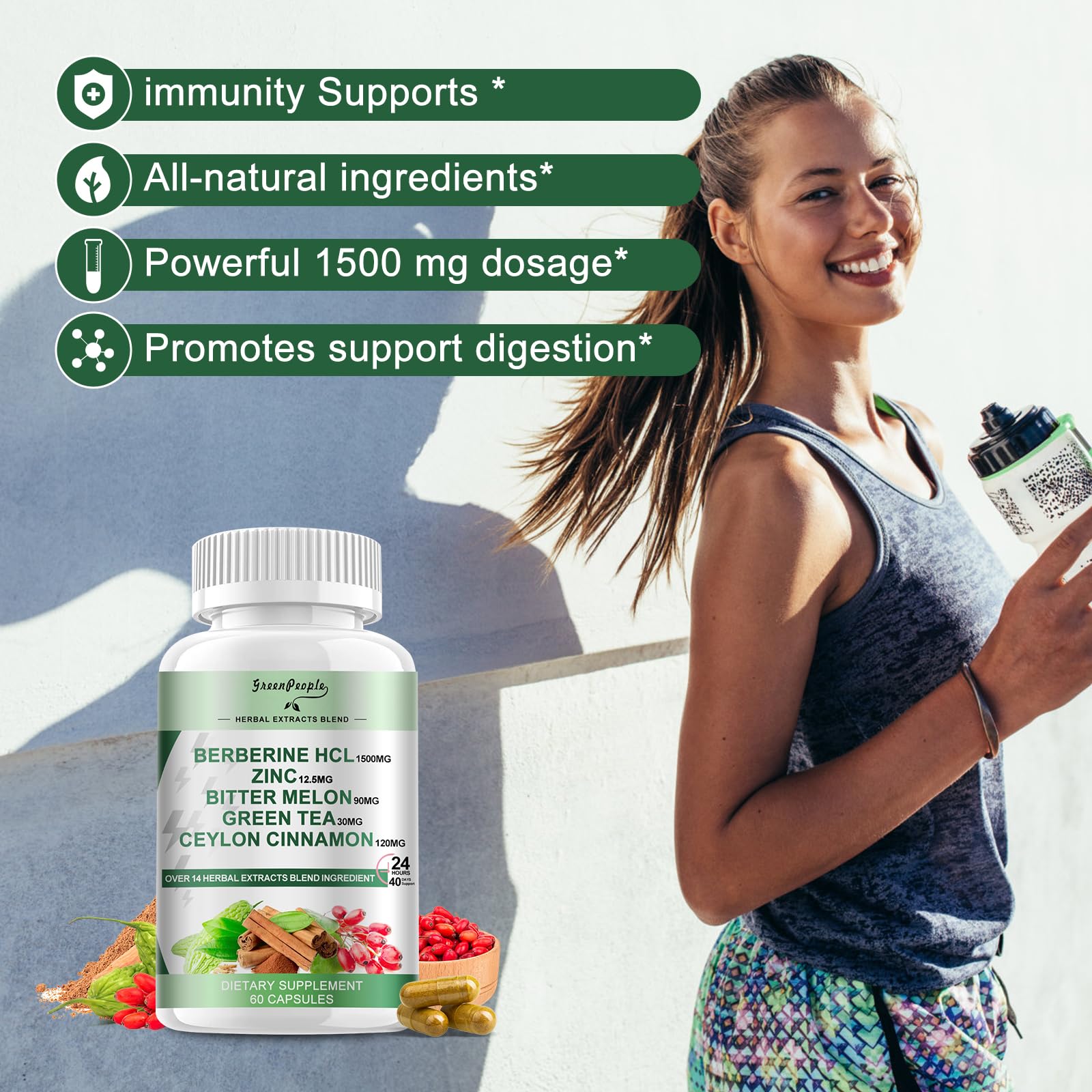 GREENPEOPLE Berberine Supplement with Ceylon Cinnamon - Berberine 1500mg Activates AMPK & GLP-1 Berberine HCL Capsules with Bitter Melon/Artichoke Extracts & Natural Herbs for Immune Support 60 Count - Medaid International