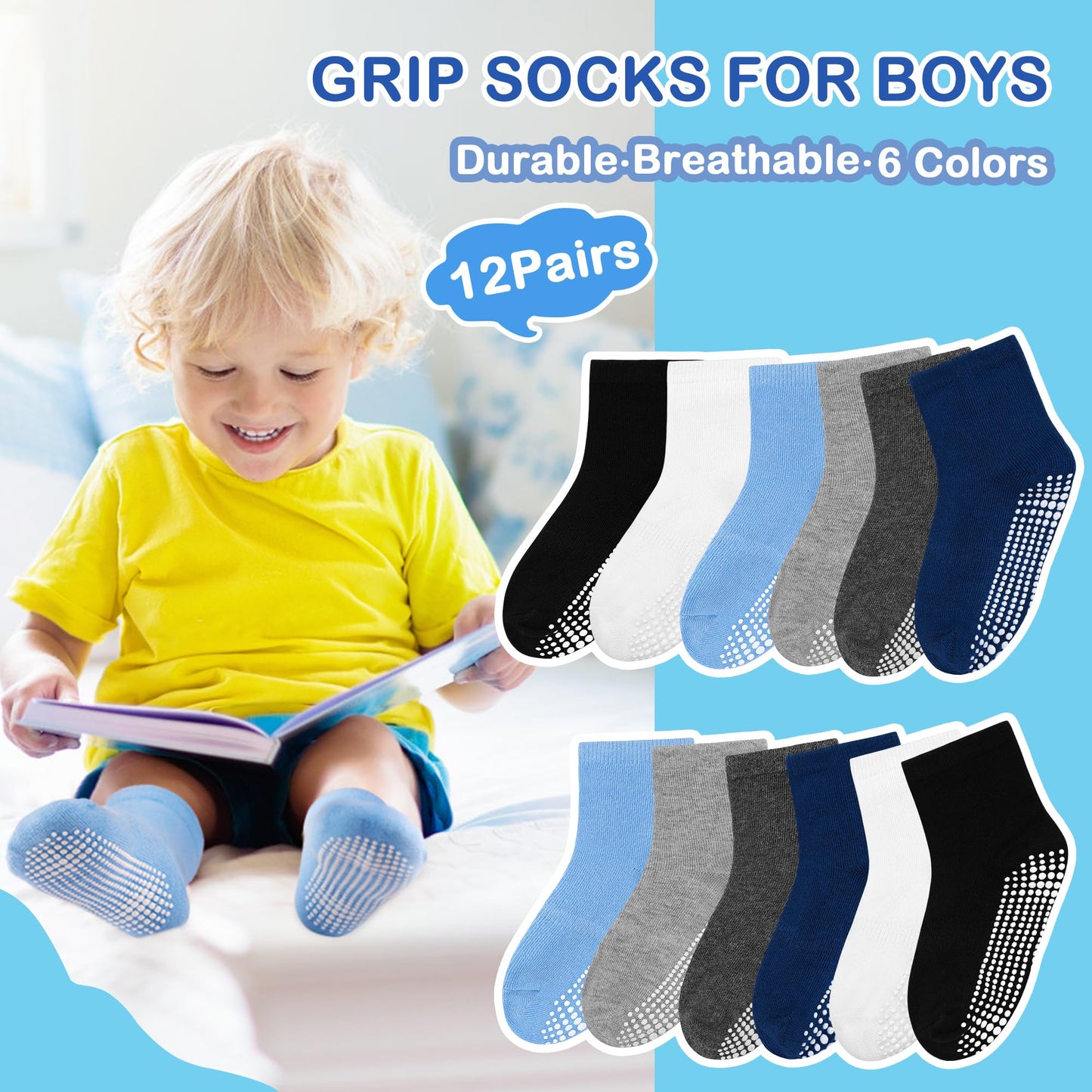 Tphon Toddler Socks, Baby Non Slip Socks for Boys Girls 12 Pairs Kids Infants Children Sock 1-3 Years - Medaid International