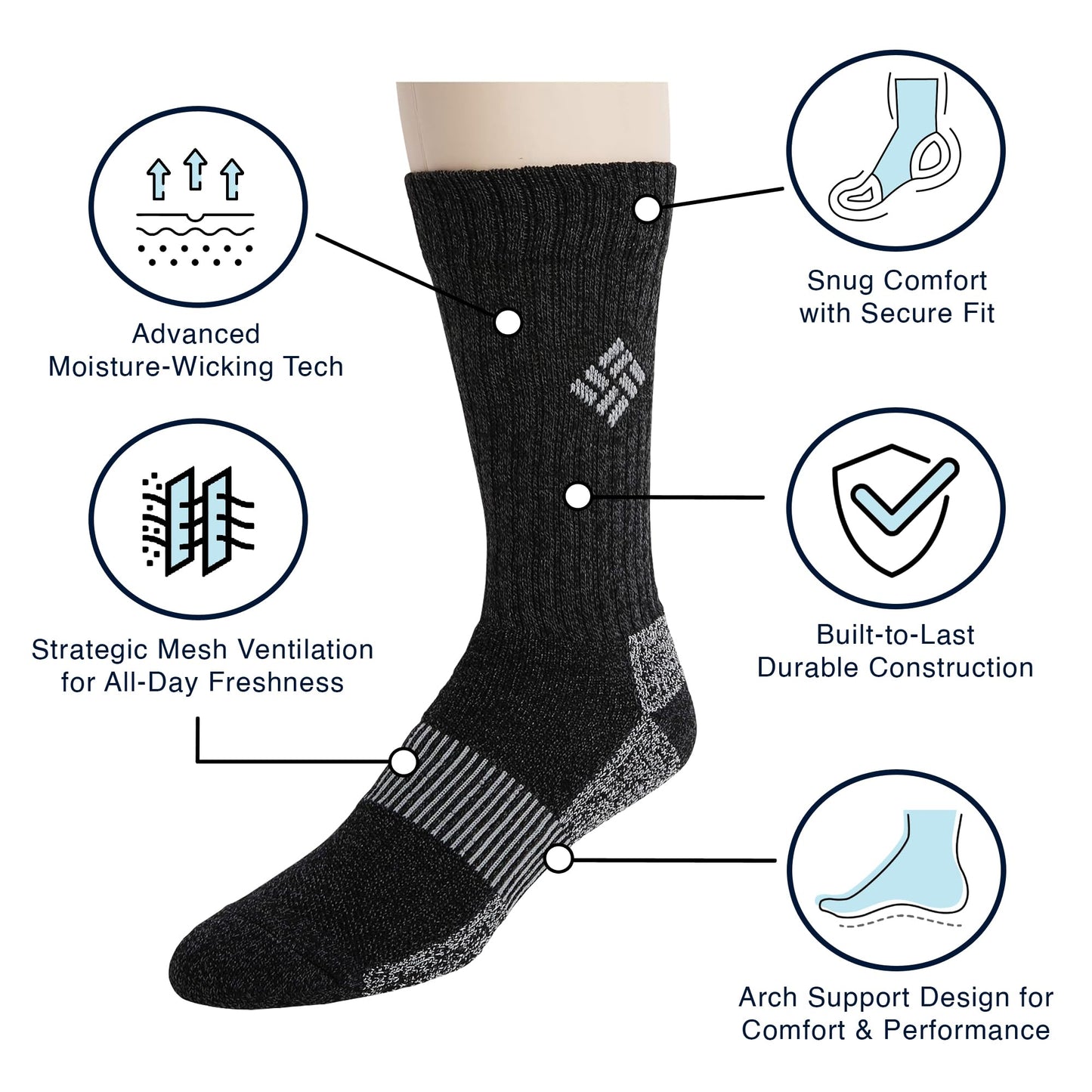 Columbia Basic Thermal w/Mesh and Arch Support Socks, Multi Assorted, M 10-13, 4 Pair - Medaid International