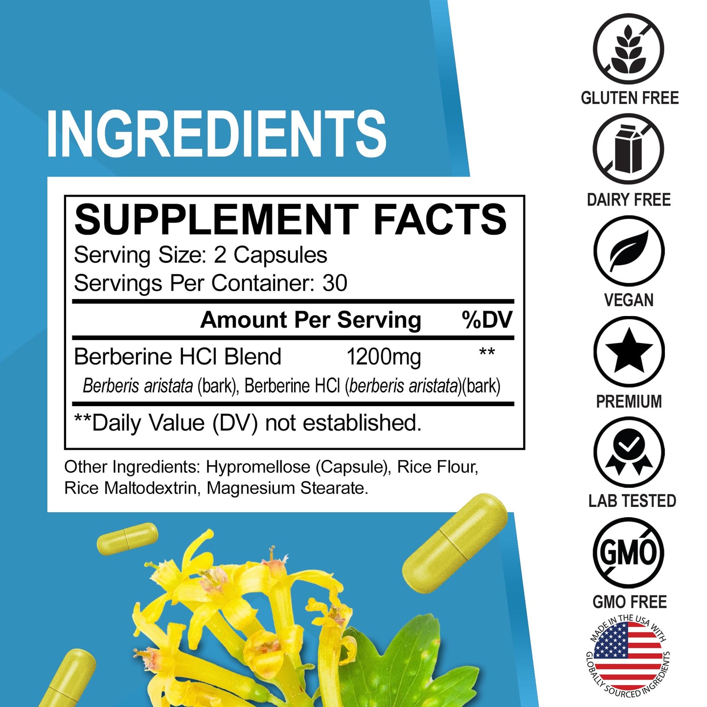 Berberine Supplement Capsules - 1200mg Berberine HCL Supplement for Healthy Metabolic Support - Premium Natural Complex for Women & Men, Pure Support Capsules Supplements - 60 Pills - Medaid International