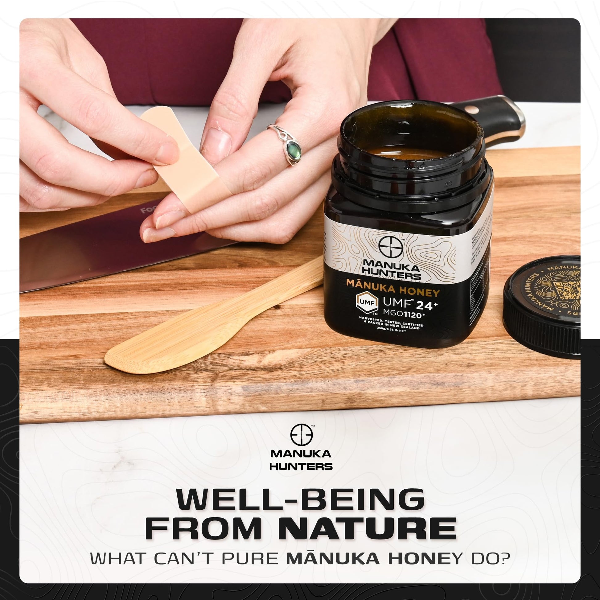 Manuka Hunters UMF 24+/MGO 1120+ Certified New Zealand Manuka Honey - 100% Pure Natural Sweetener - Gluten, Dairy Free - Ideal for Tea, Coffee, Smoothies, and Baking - Sustainable - 8.8oz/250g Jar - Medaid International