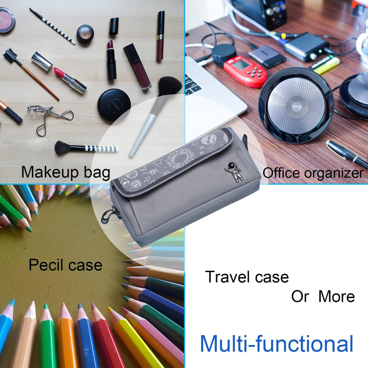 TERRIFI Big Capacity Space Astronaut Pencil Case, 3 Compartments Large Pencil Pouch, Pen Bag Organizer with Zipper for Adults, Girls, Boys, and College Office Essentials, Aesthetic Stationery (Grey)