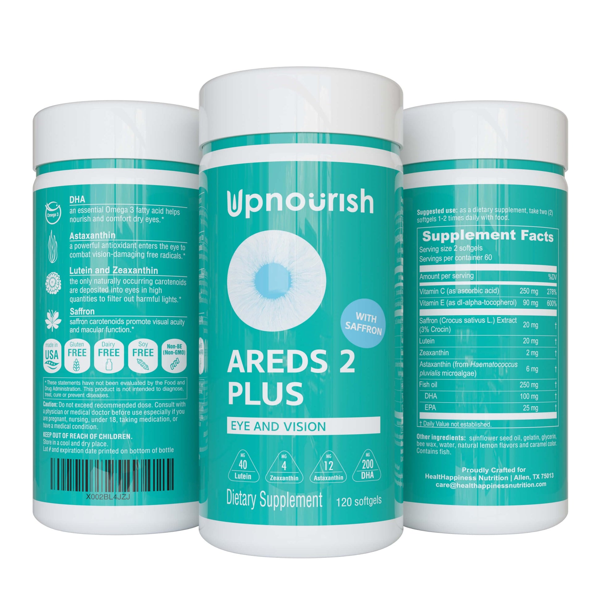 UpNourish AREDS 2+ - Advanced Eye Vitamin Supplement for Macular Health and Dry Eye - Lutein, Zeaxanthin, Saffron, Astaxanthin & DHA - Supports Eye Strain, Pressure, Night Vision - 120 softgels - Medaid International