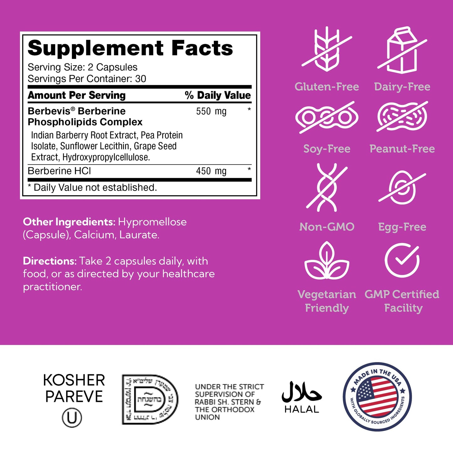 Zahler Berberine with Clinically Evaluated Berbevis, Metabolism and Glucos Support Formula, 60 Capsules. - Medaid International