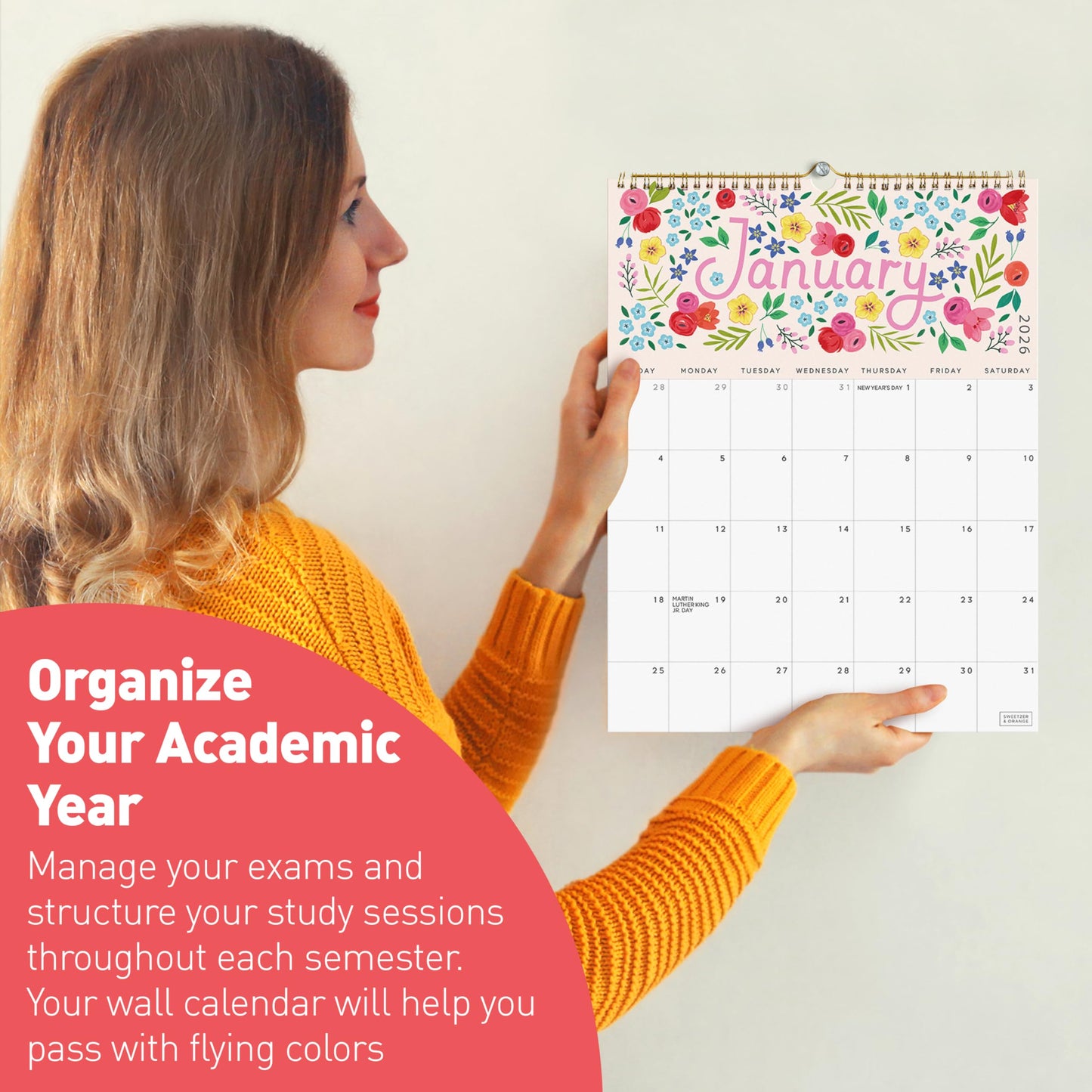 S&O Five Color Floral Wall Calendar from July 2025-Dec 2026 - Tear-Off Monthly Calendar - 18 Month Academic Wall Planner - Hanging Organizer to Track Anniversaries & Appointments - 13.5"x10.5”in - Medaid International