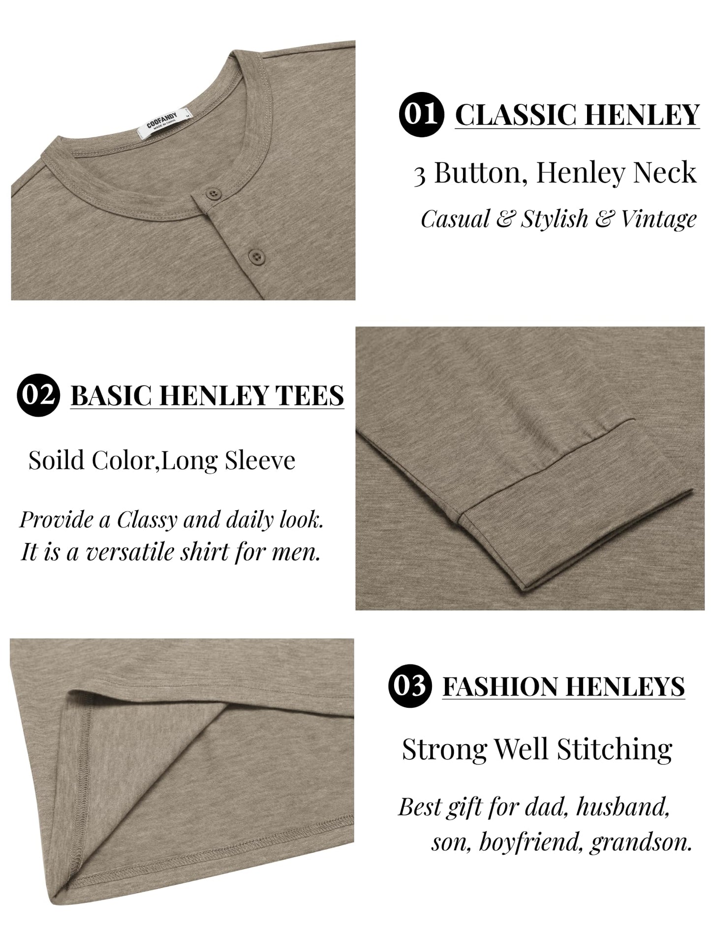 COOFANDY Men's Henley Shirts Long Sleeve Casual Vintage T-Shirt Lightweight Soft Stretch Tees Fall Henley Pullover Tops Khaki - Medaid International