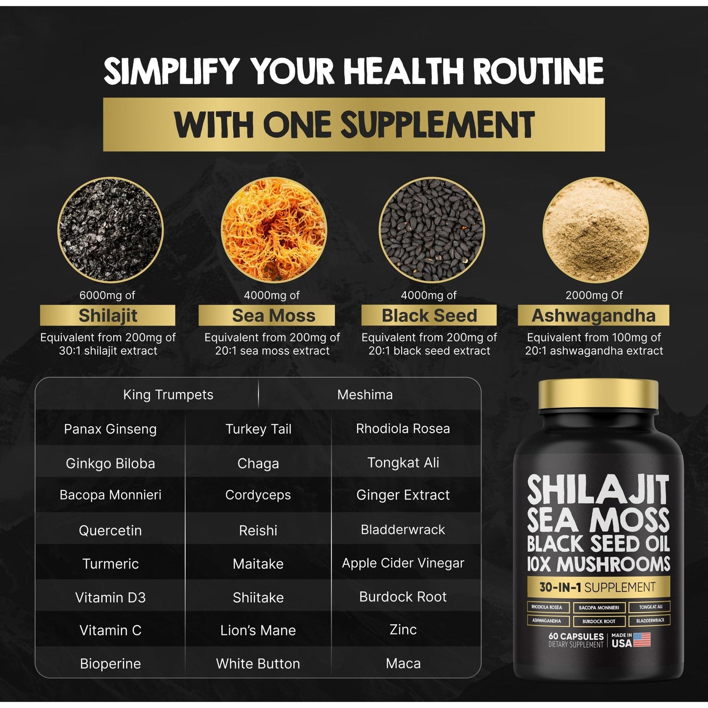 Smart Dose Power Blend Capsules - 30-in-1 Supplement Bundle with Shilajit 6000mg, Sea Moss 4000mg, Black Seed Oil 4000mg, Ashwagandha 2000mg, 10x Mushrooms, Tongkat Ali, Maca, Holistic Pills Combo - Medaid International
