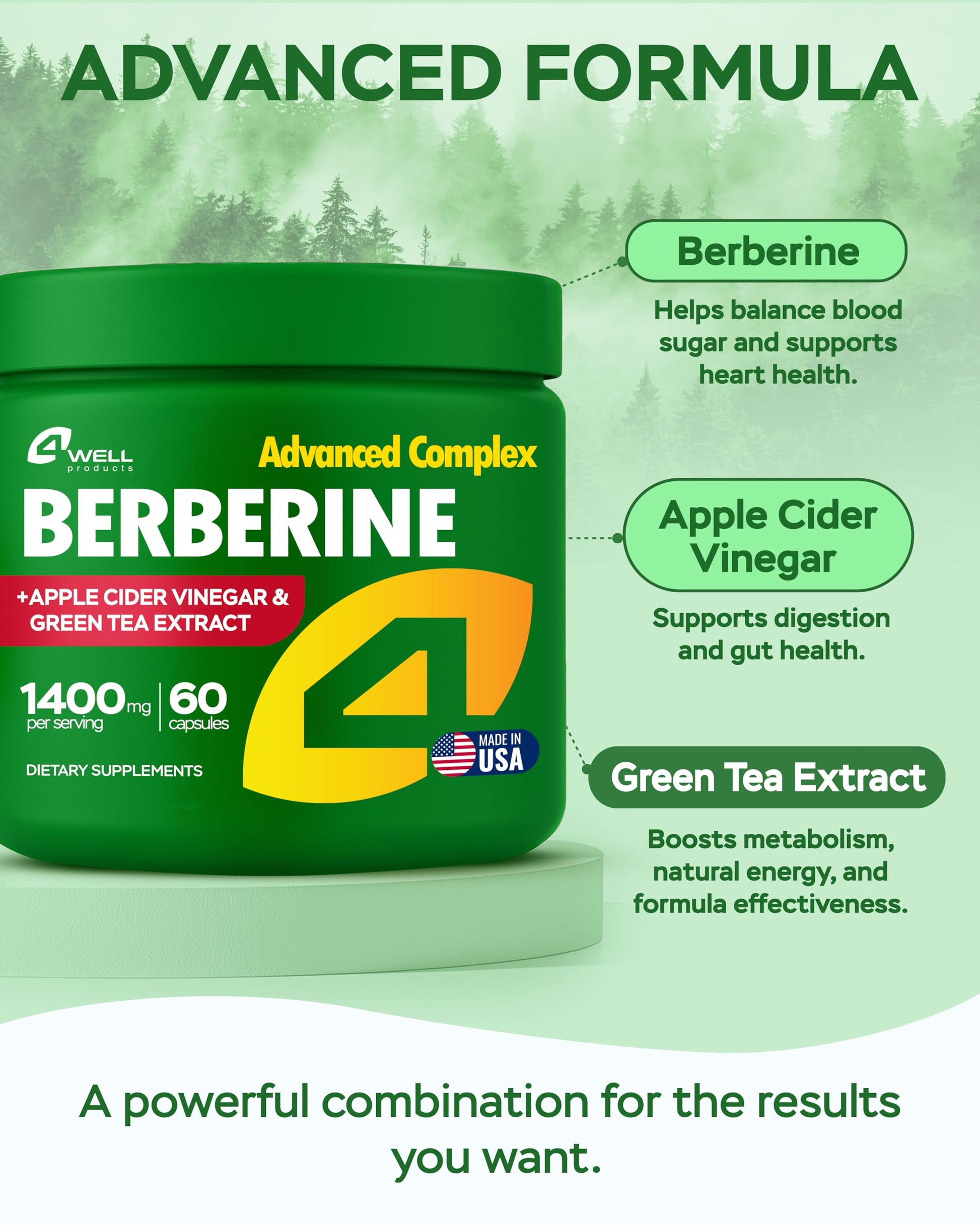 Berberine HCL Supplement - Triple Strength GLP-1 Activator with Apple Cider Vinegar & Green Tea Extract - Body Composition Support, Digestive Health, Support Heart Health, Immune System (60 Capsules) - Medaid International