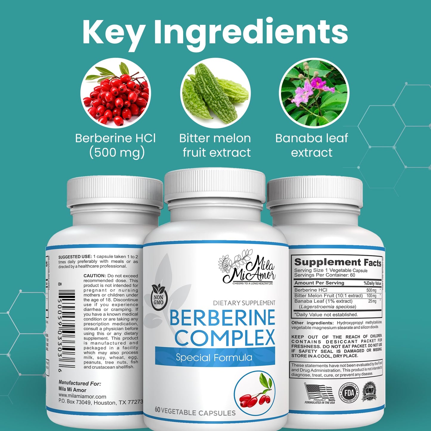 Mila Miamor Berberine Complex HCL 500mg - Special Berberine Supplement with Melon Fruit & Banaba Leaf - Non-GMO, Made in USA - Heart, Cognitive & Gastrointestinal Health - 60 Capsules - Medaid International