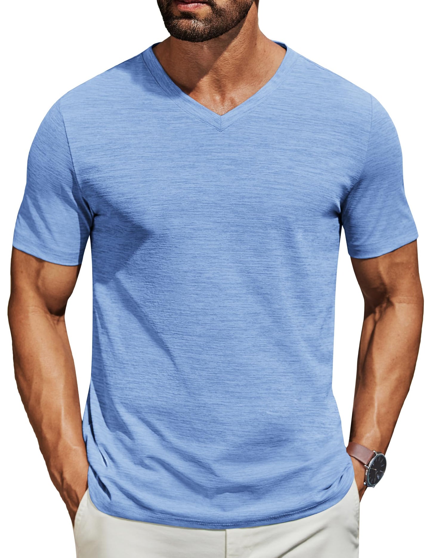 COOFANDY Men's T Shirts Short Sleeve Classic V Neck T-Shirt Casual Summer Basic Tee Shirt Light Blue - Medaid International