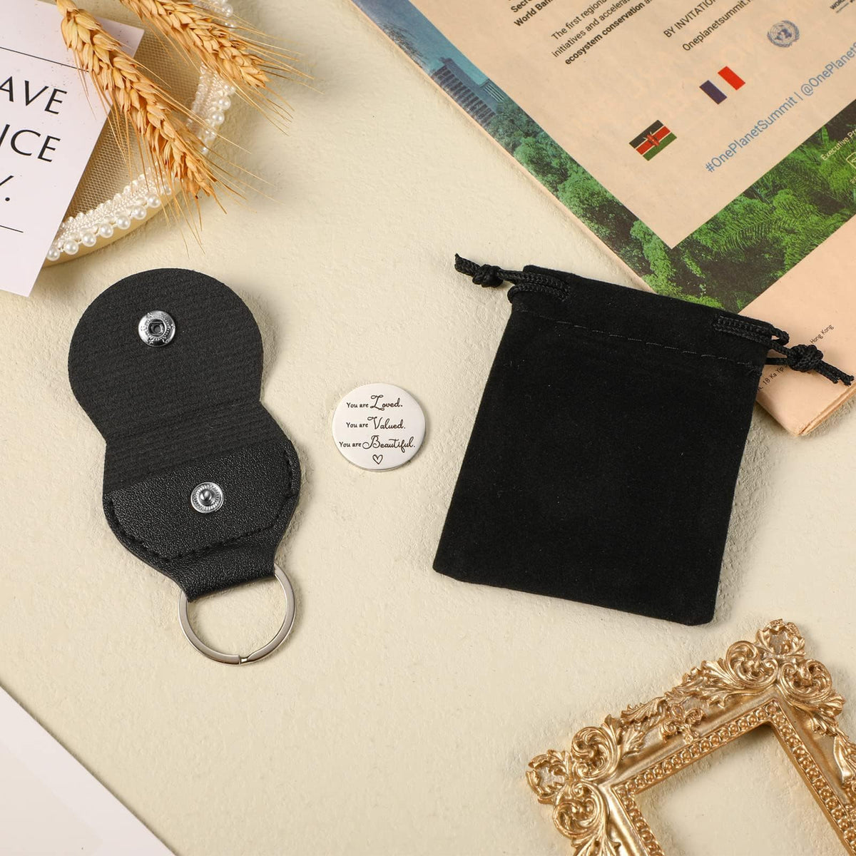 TERRIFI Pocket Hug Token Keychain - Long Distance Relationship Keepsake Stainless Steel Double Sided Inspirational Giftwith PU Leather Keychain