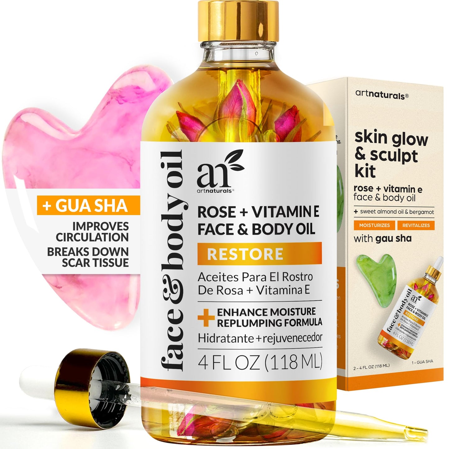 ArtNaturals Face & Body Vitamin E Bio Oil 4.0oz + Gua Sha Facial Tools Set - Organic Moisturizer Skincare for Scars, Stretch Mark, Cellulite & Nails - Great Massage oil for Massaging Joint & Muscle - Medaid International